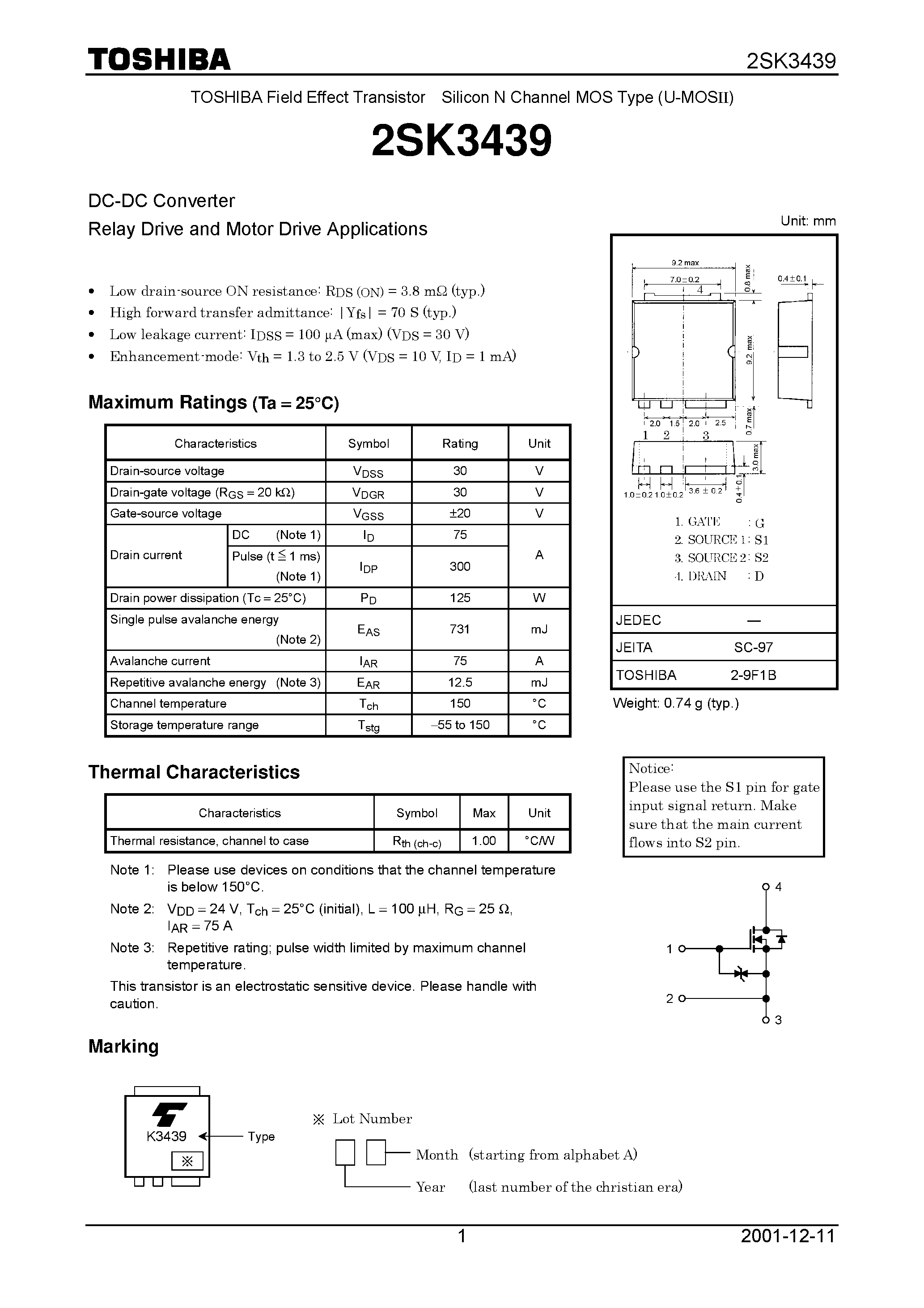 Datasheet 2SK3439 page 1 Datasheet 2SK3439 - DC-DC Converter Relay Drive and Motor Drive Applications page 1
