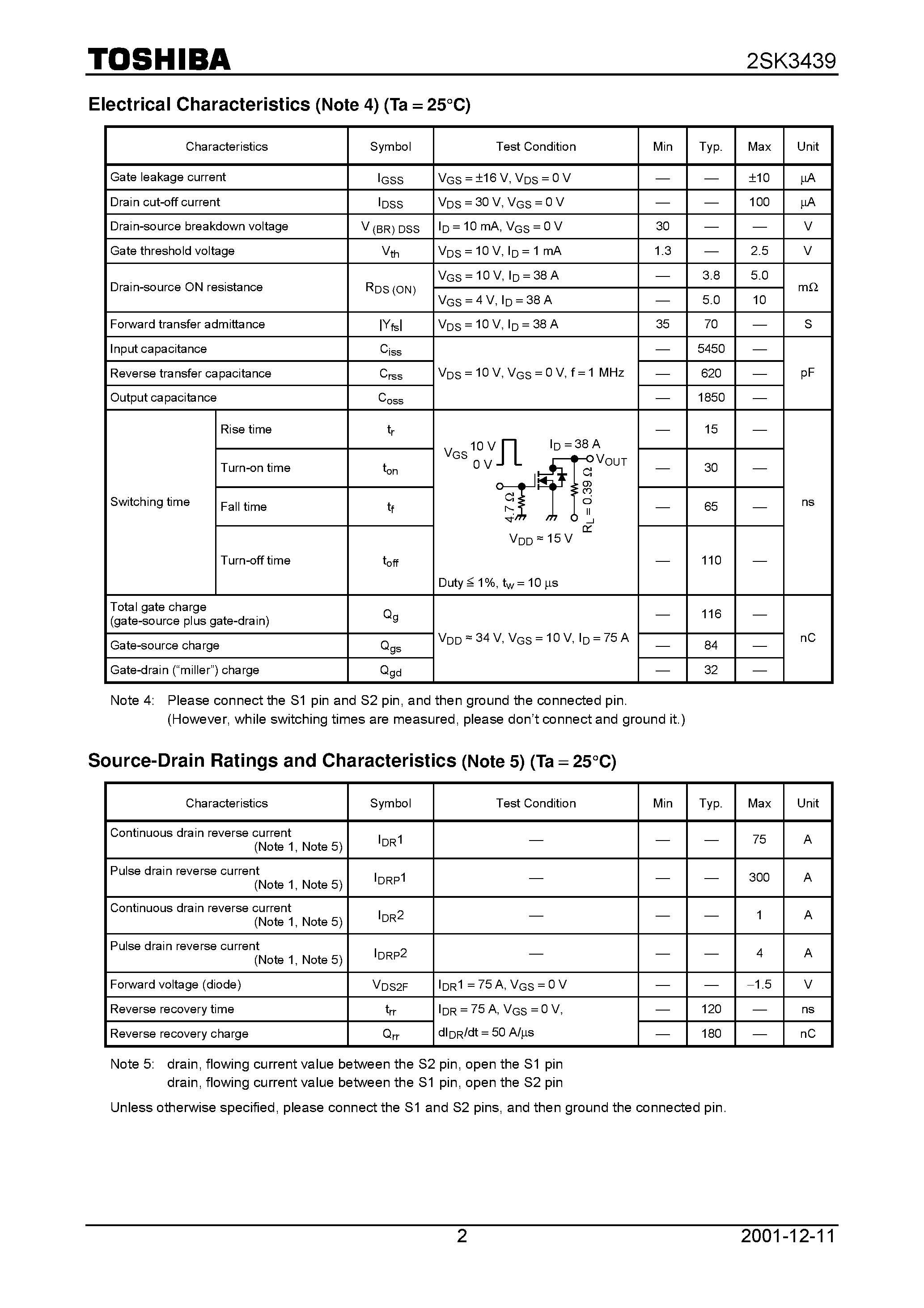 Datasheet 2SK3439 page 2 Datasheet 2SK3439 - DC-DC Converter Relay Drive and Motor Drive Applications page 2