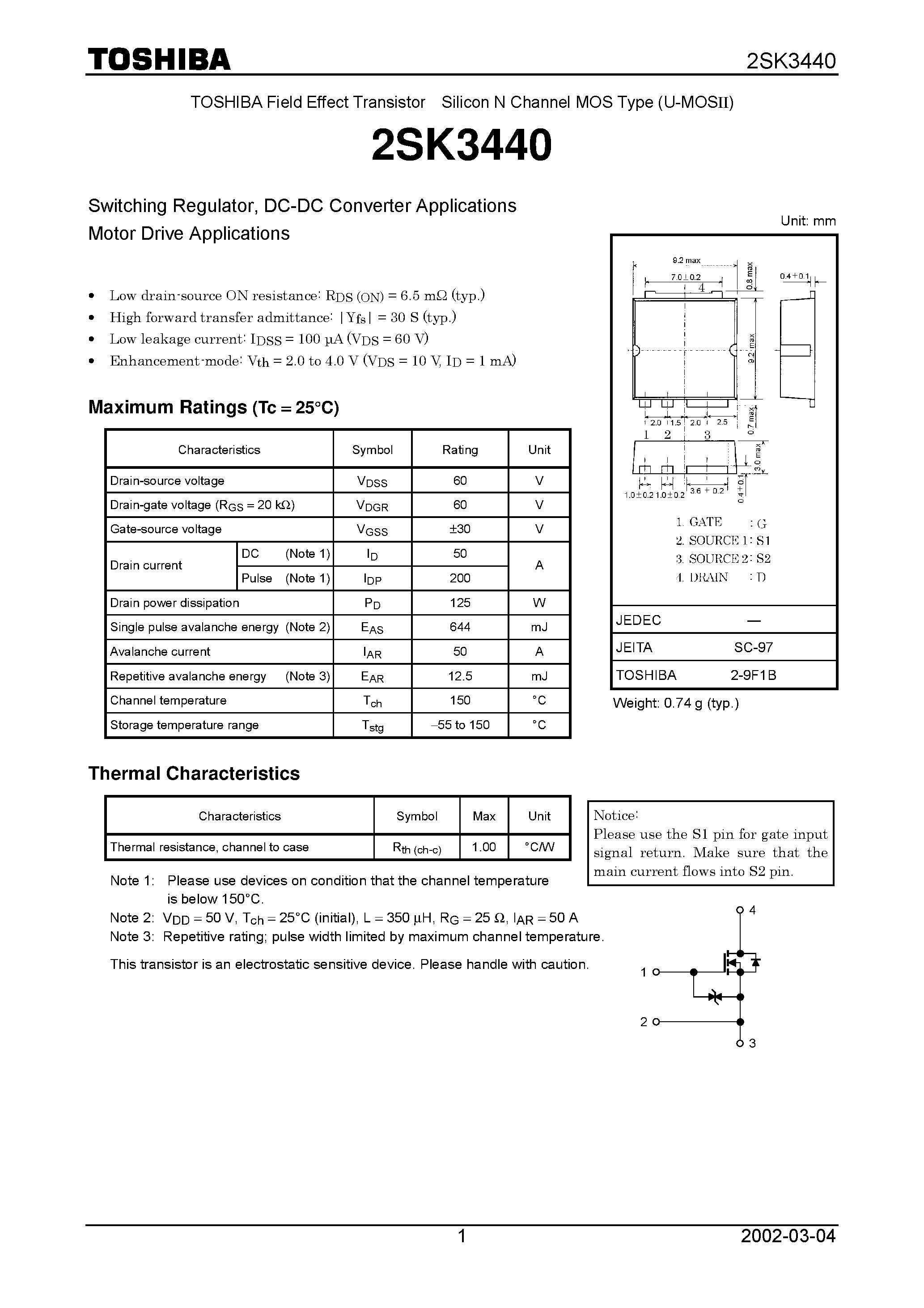 Даташит 2SK3440 - Switching Regulator/ DC-DC Converter Applications Motor Drive Applications страница 1