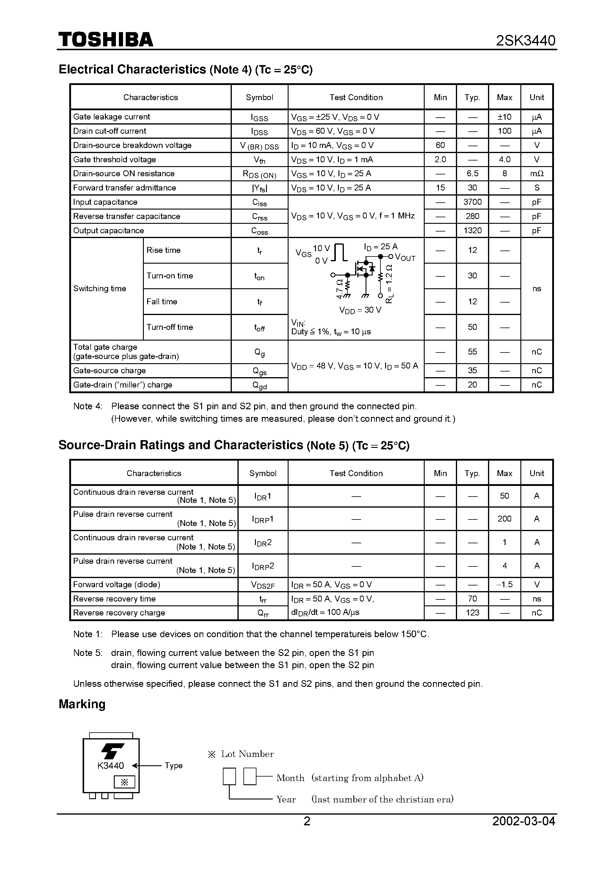 Даташит 2SK3440 - Switching Regulator/ DC-DC Converter Applications Motor Drive Applications страница 2