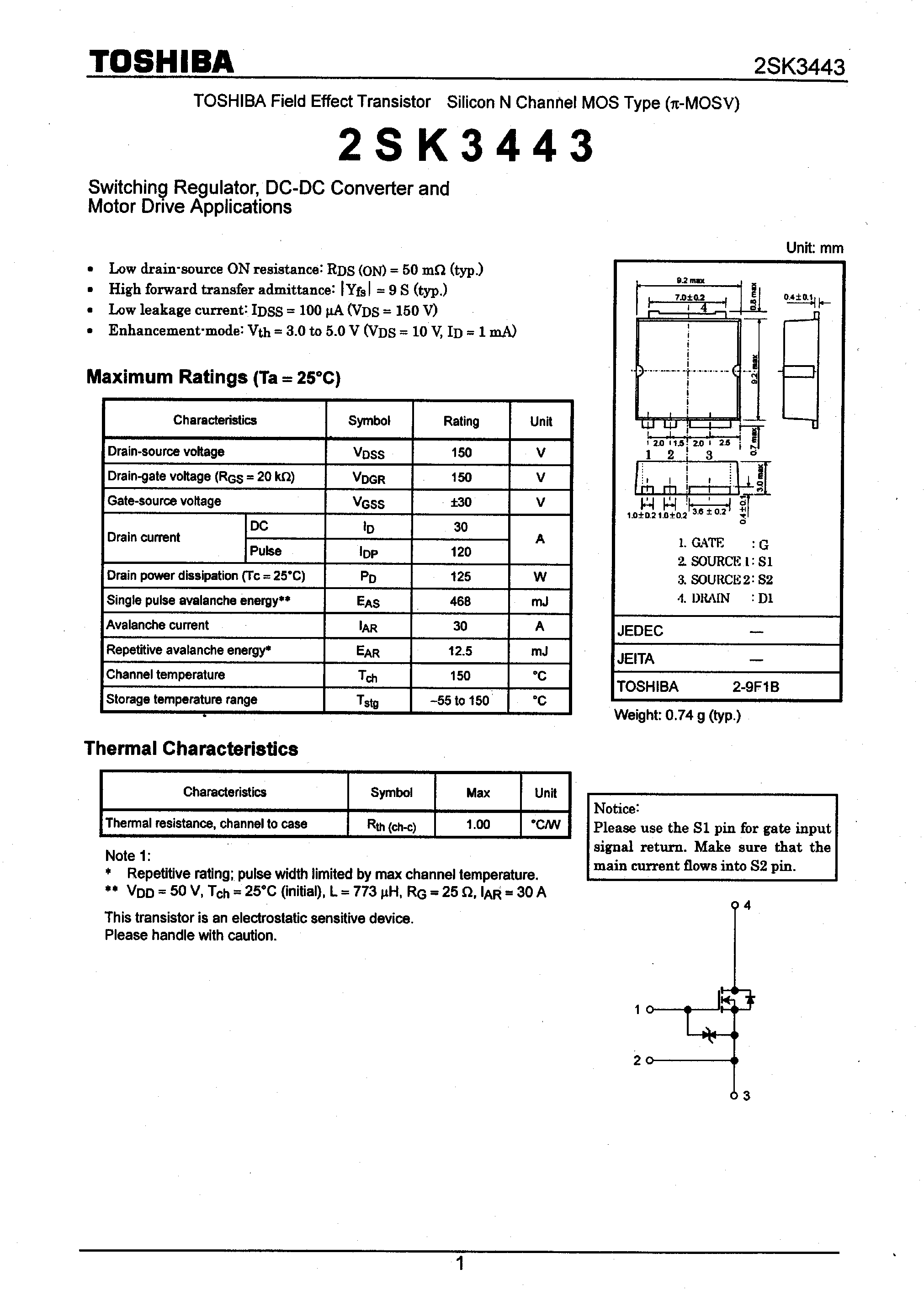 Даташит 2SK3443 - SWITCHING REGULATOR DC-DC CONVERTER AND MOTOR DRIVE APPLICATIONS страница 1