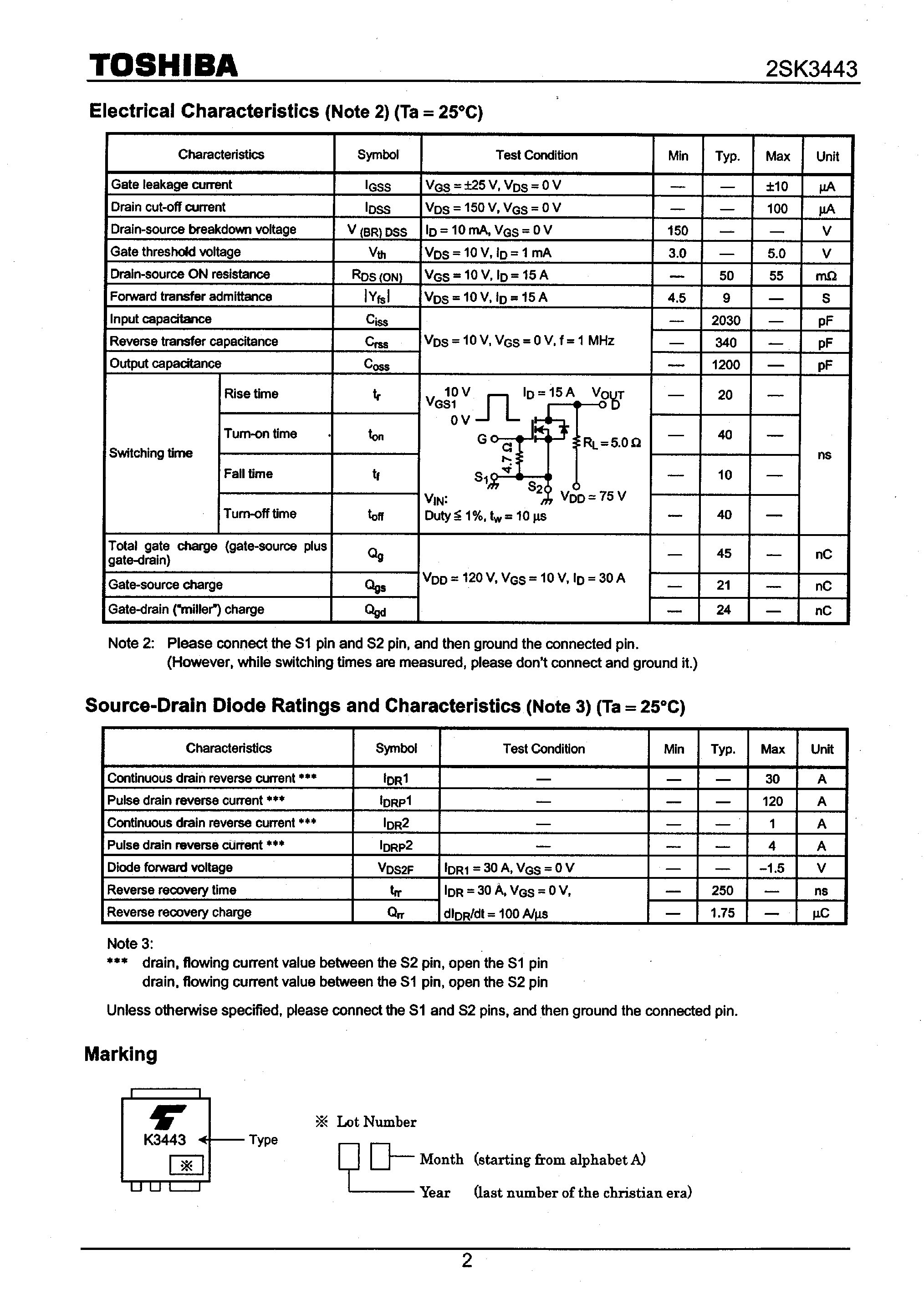 Даташит 2SK3443 - SWITCHING REGULATOR DC-DC CONVERTER AND MOTOR DRIVE APPLICATIONS страница 2