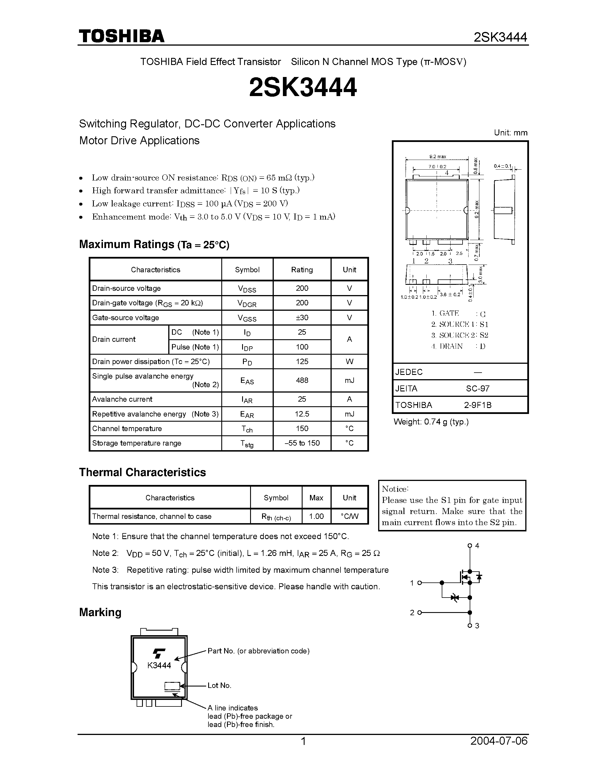 Даташит 2SK3444 - Switching Regulator/ DC-DC Converter Applications Motor Drive Applications страница 1