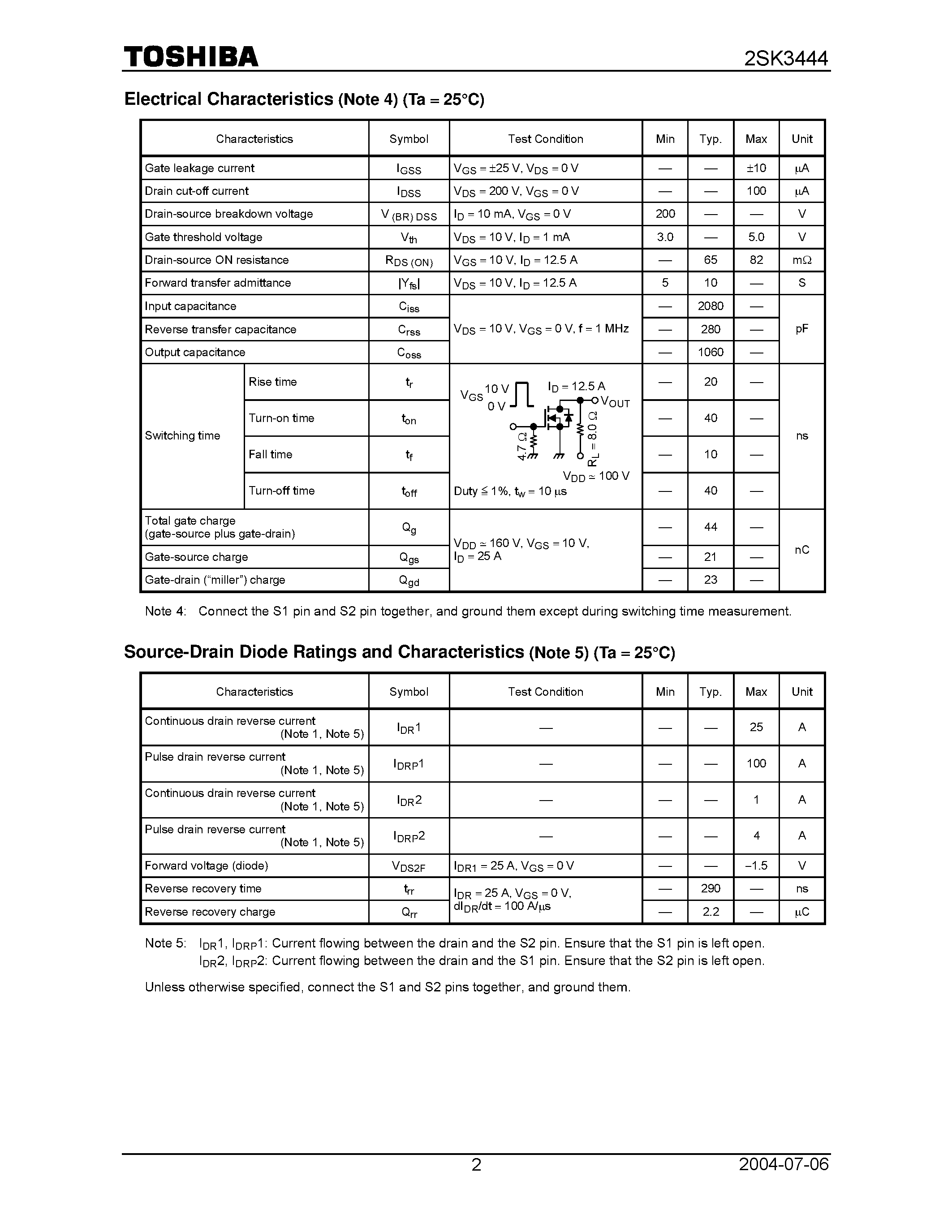 Даташит 2SK3444 - Switching Regulator/ DC-DC Converter Applications Motor Drive Applications страница 2