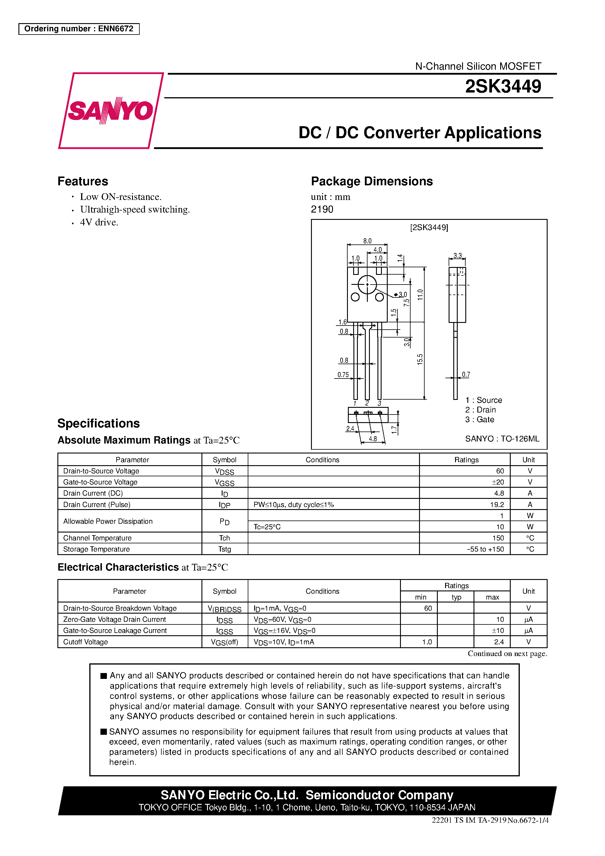 Даташит 2SK3449 - DC / DC Converter Applications страница 1