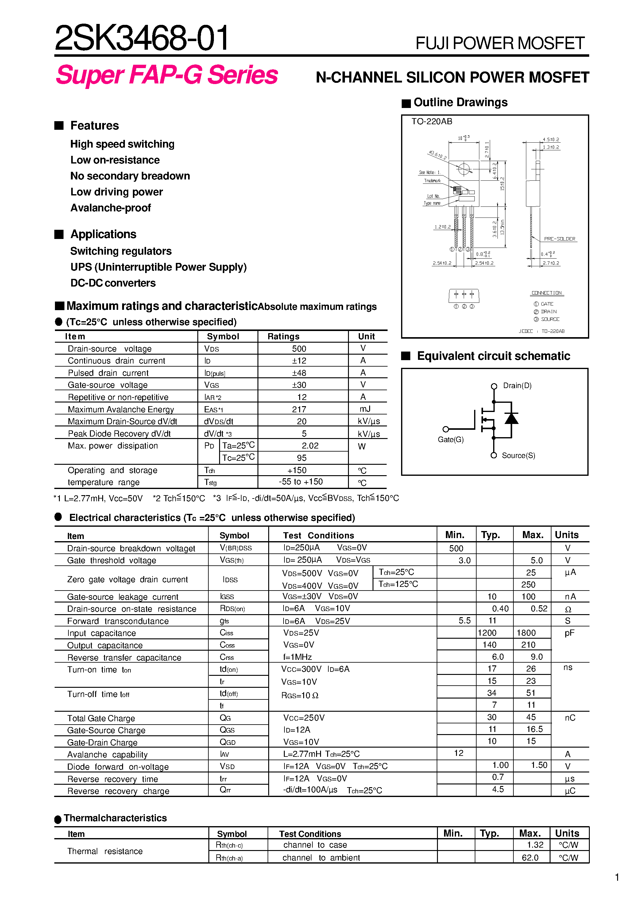 Даташит на микросхему 2SK3468-01 страница 1 Даташит 2SK3468-01 - N CHANNEL SILICON POWER MOSFET страница 1