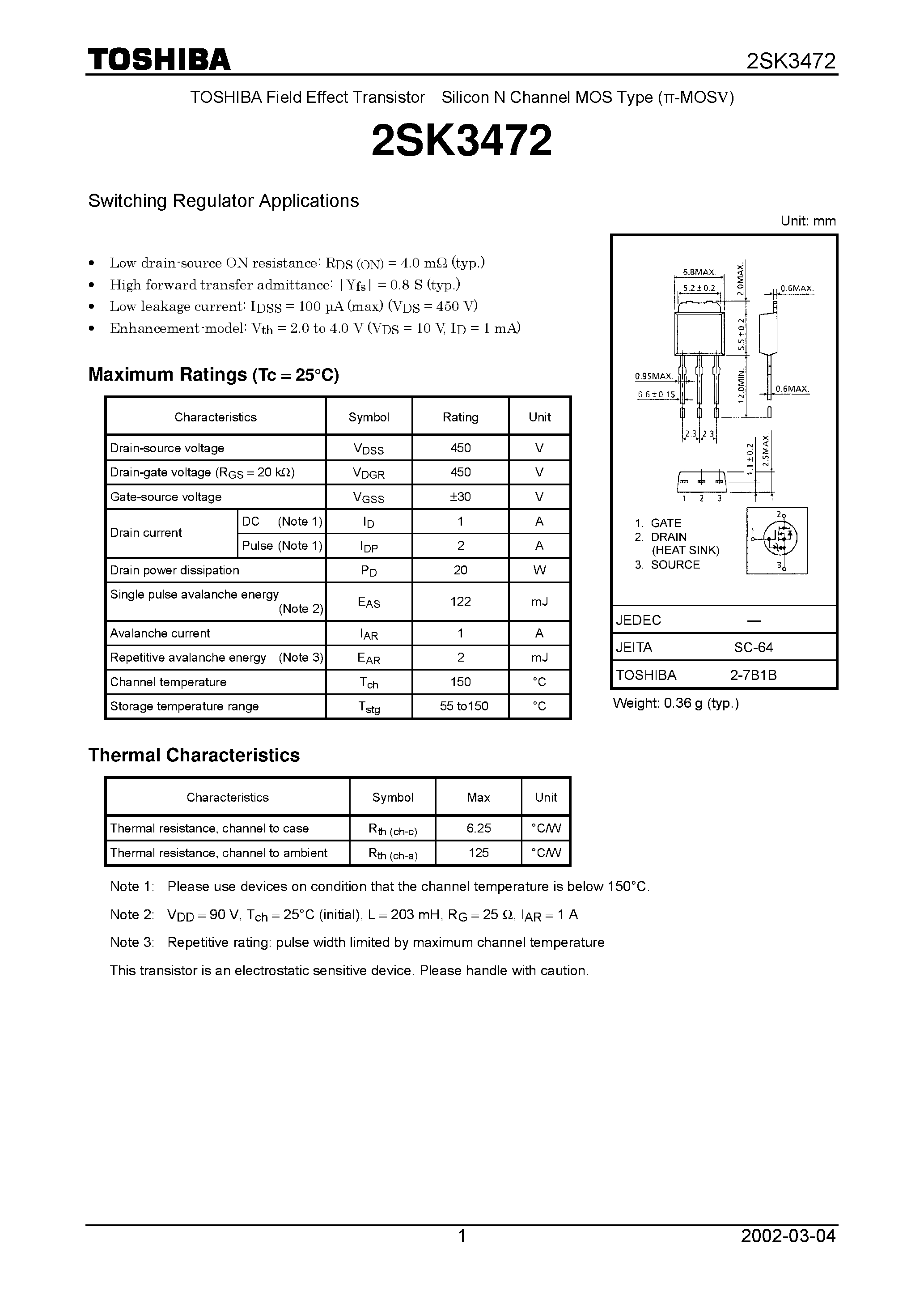 Даташит 2SK3472 - Switching Regulator Applications страница 1