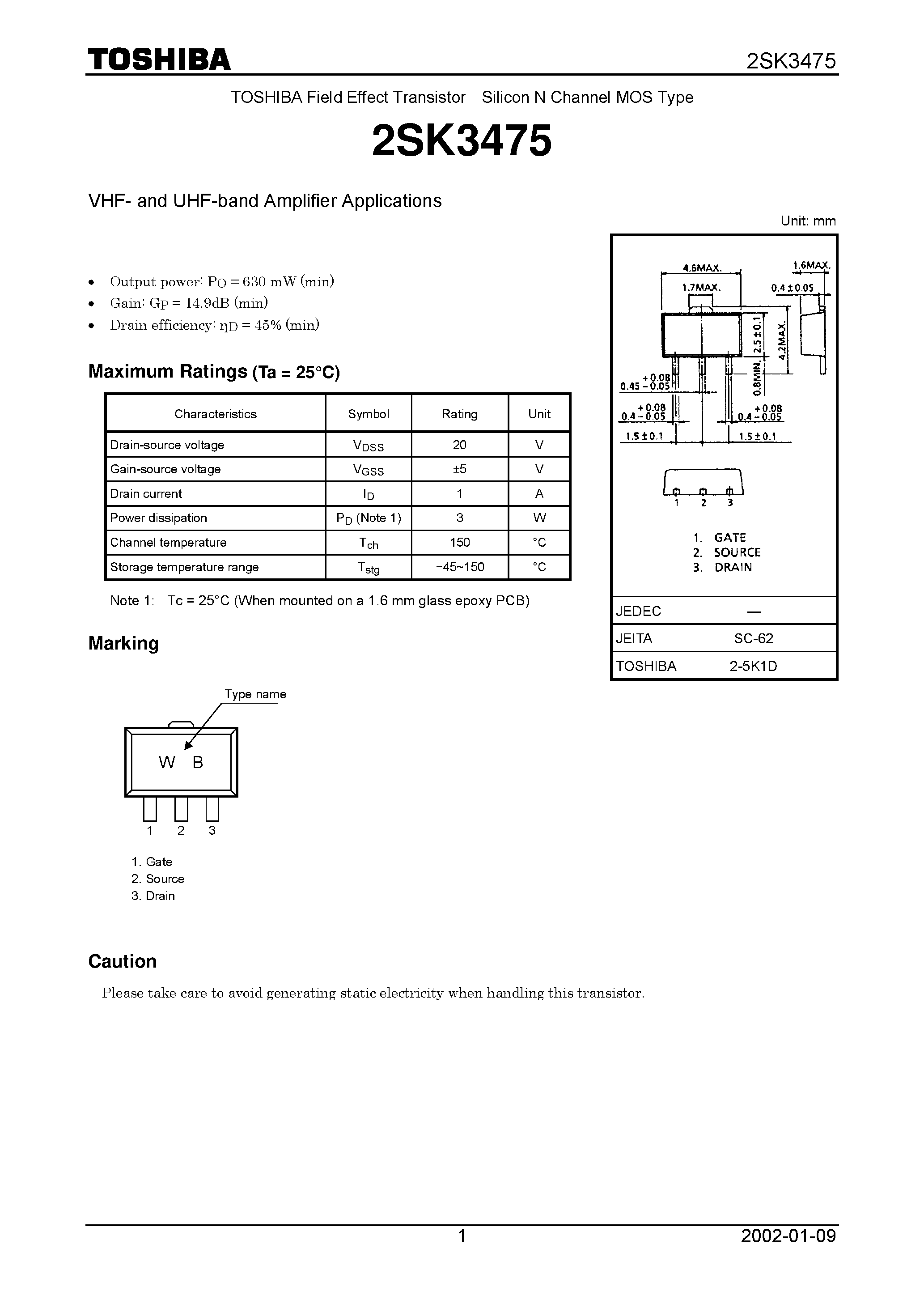 Даташит 2SK3475 - VHF-and UHF-band Amplifier Applications страница 1