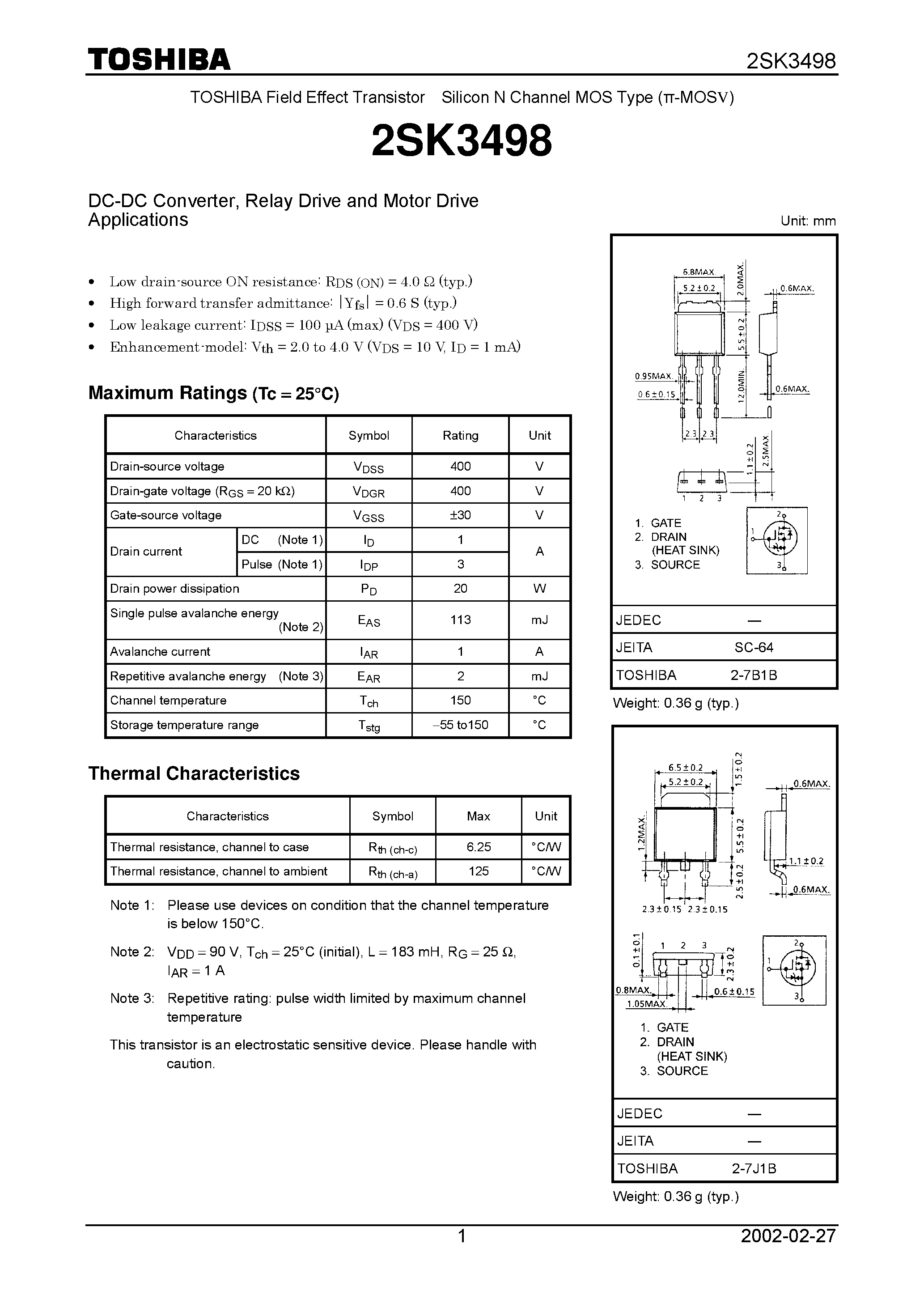 Datasheet 2SK3498 page 1 Datasheet 2SK3498 - DC-DC Converter/ Relay Drive and Motor Drive Applications page 1