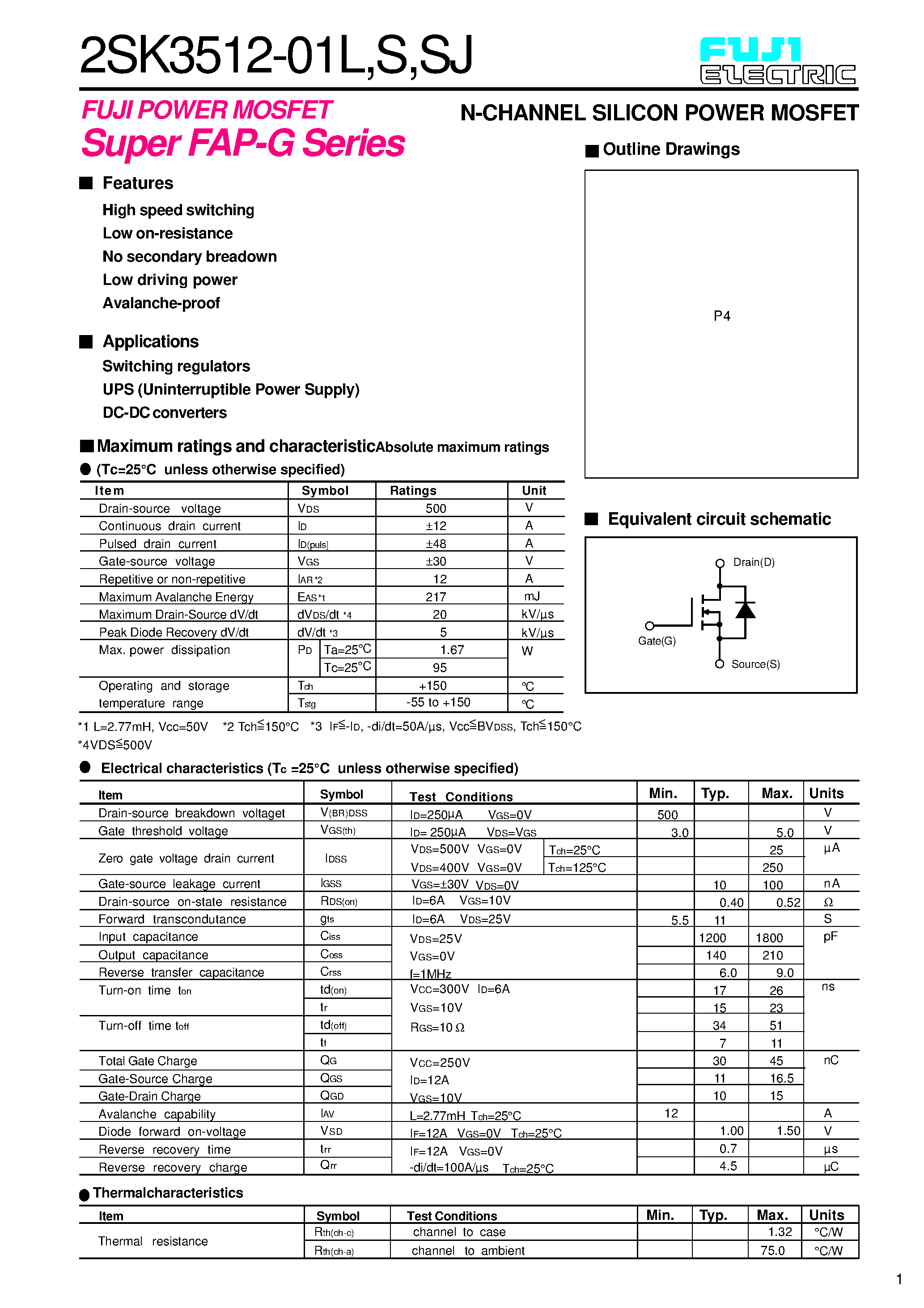 Datasheet 2SK3512-01L - N-CHANNEL SILICON POWER MOSFET page 1