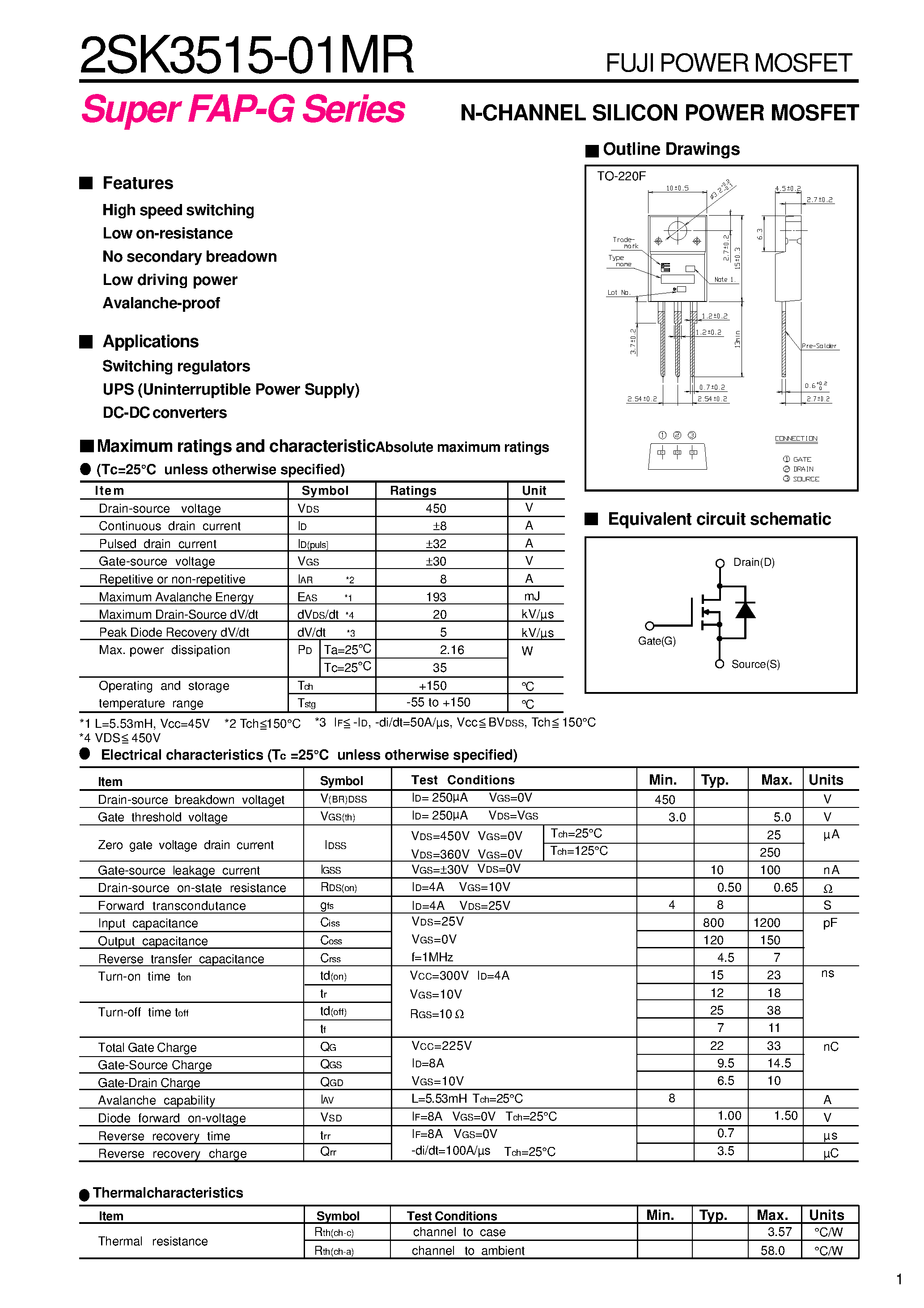 Datasheet 2SK3515-01MR - N CHANNEL SILICON POWER MOSFET page 1