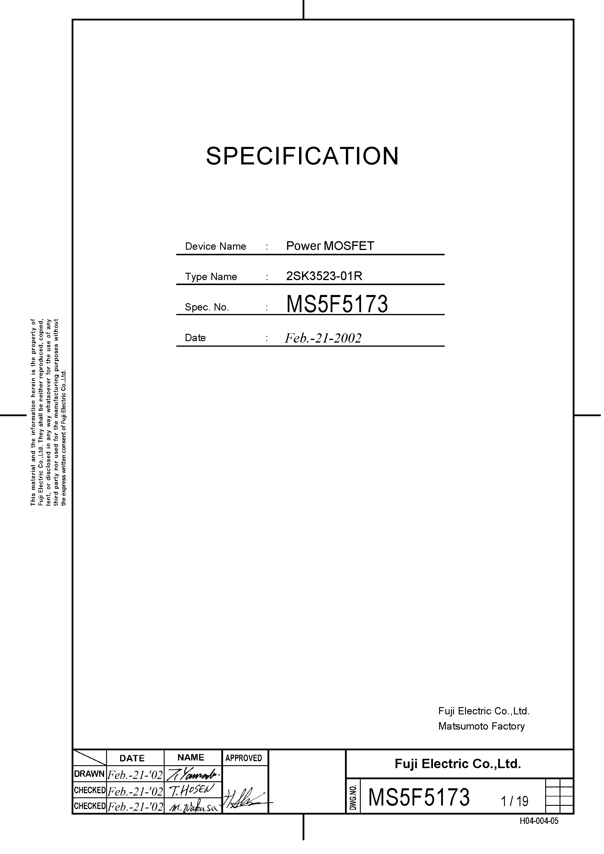 Datasheet 2SK3523-01R - POWER MOSFET page 1