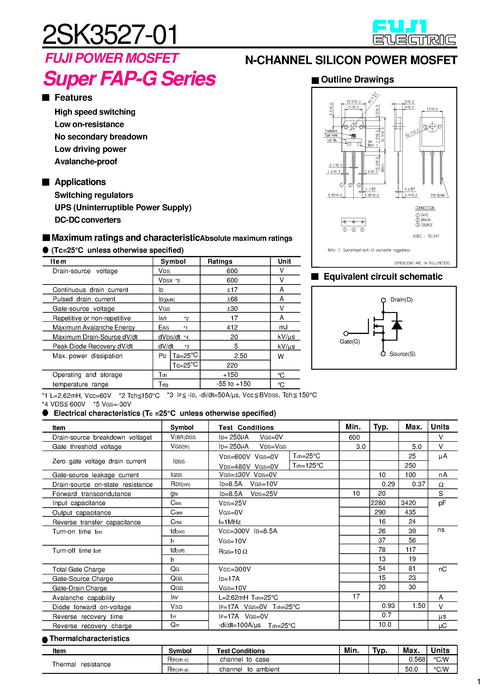 Datasheet 2SK3527-01 - N-CHANNEL SILICON POWER MOSFET page 1
