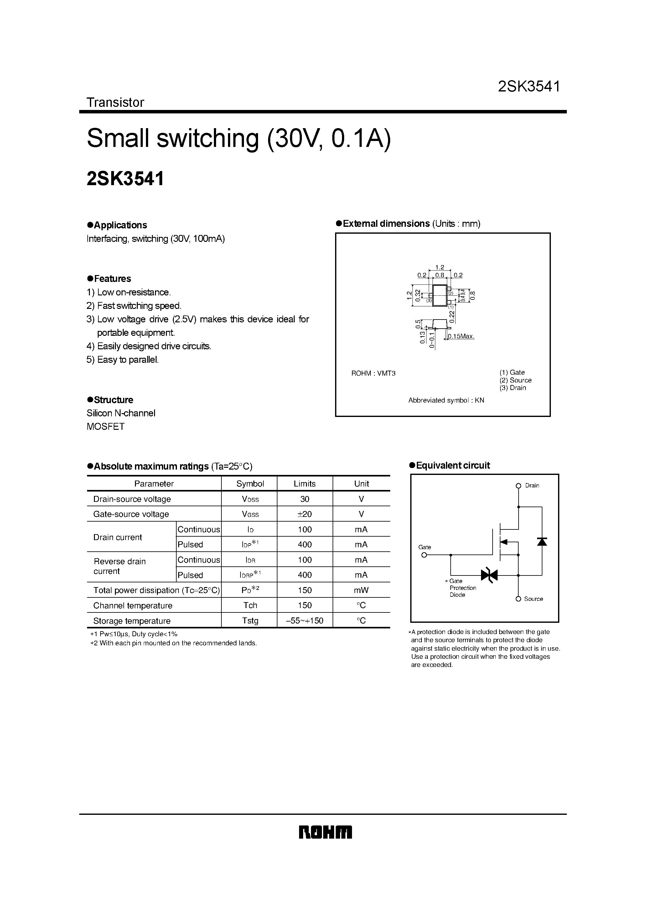 Datasheet 2SK3541 - Small switching (30V/ 0.1A) page 1