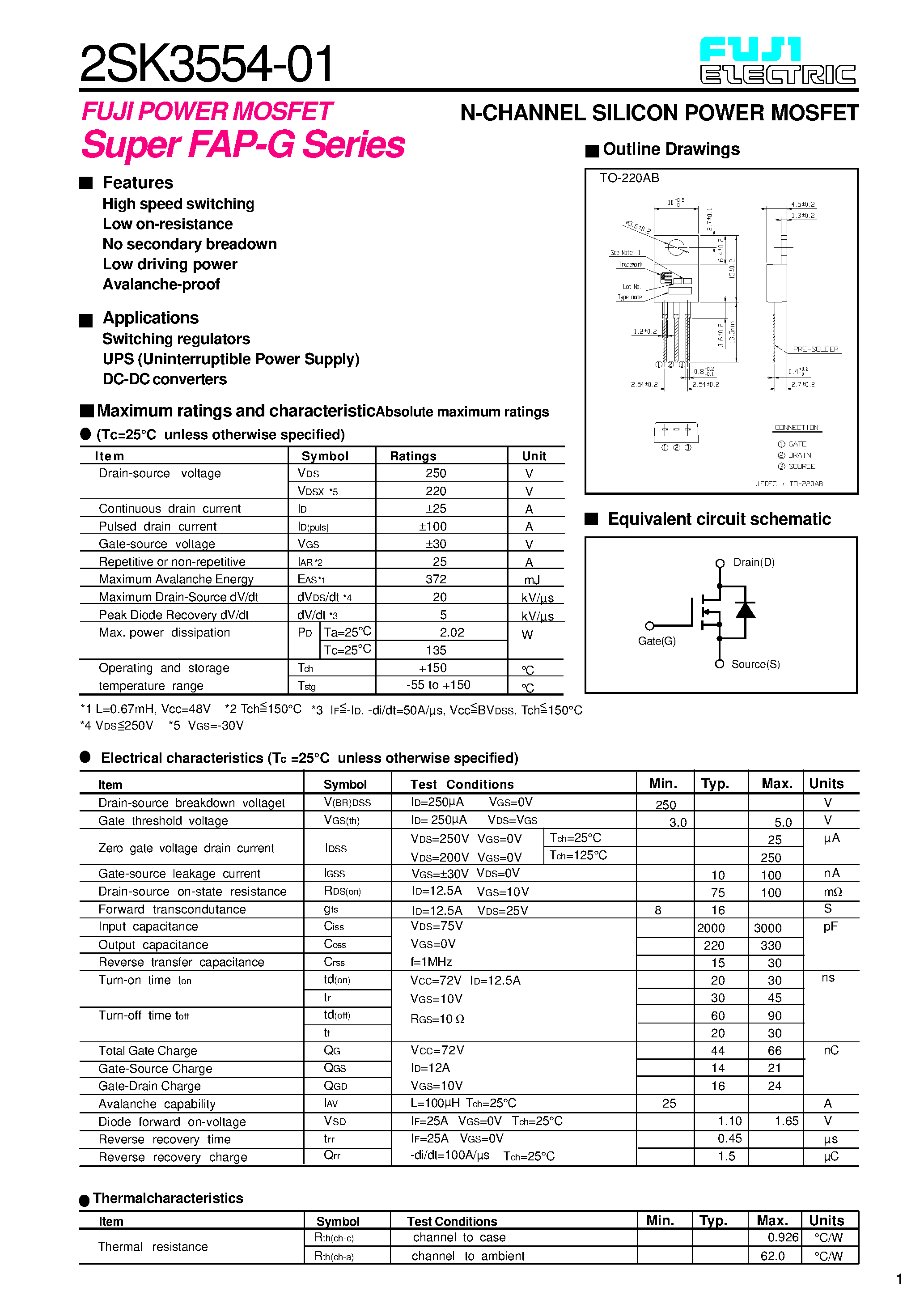 Datasheet 2SK3554-01 - N-CHANNEL SILICON POWER MOSFET page 1