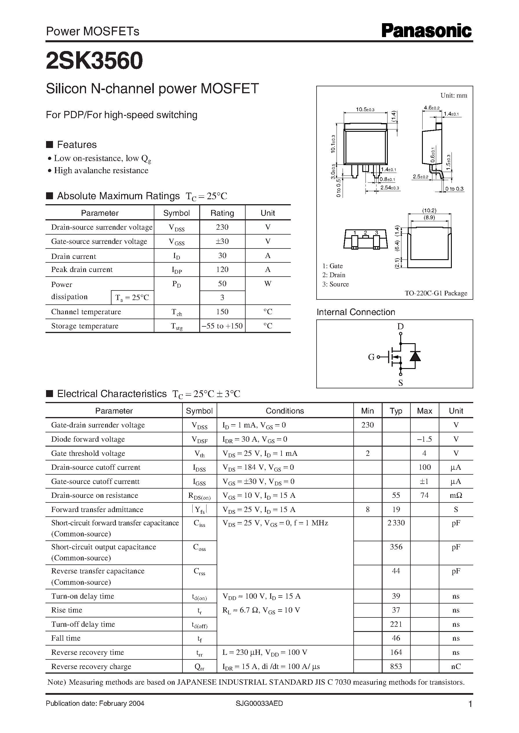Datasheet 2SK3560 - Silicon N-channel power MOSFET For PDP/For high-speed switching page 1