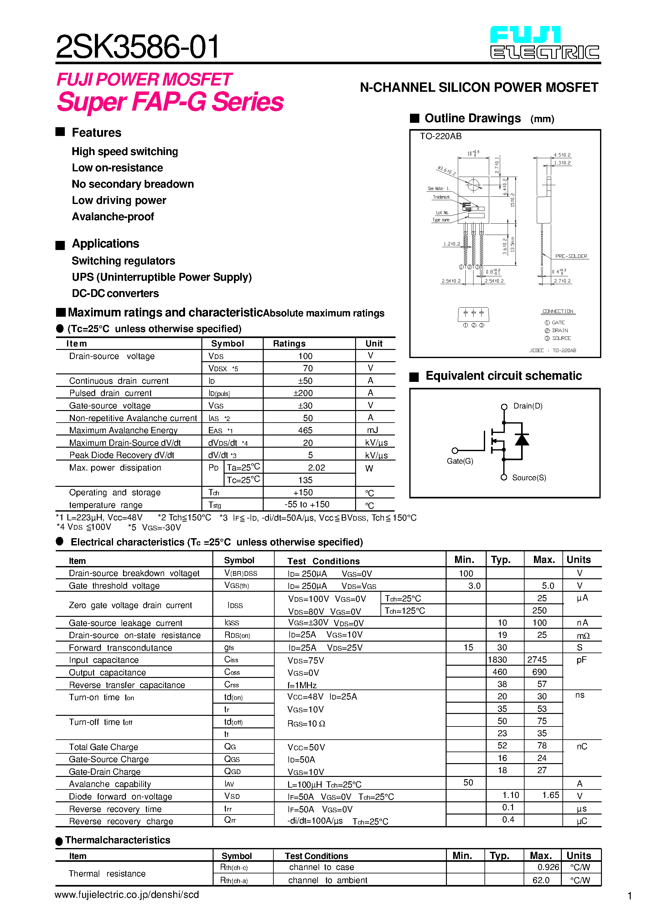Datasheet 2SK3586 - N CHANNEL SILICON POWER MOSFET page 1