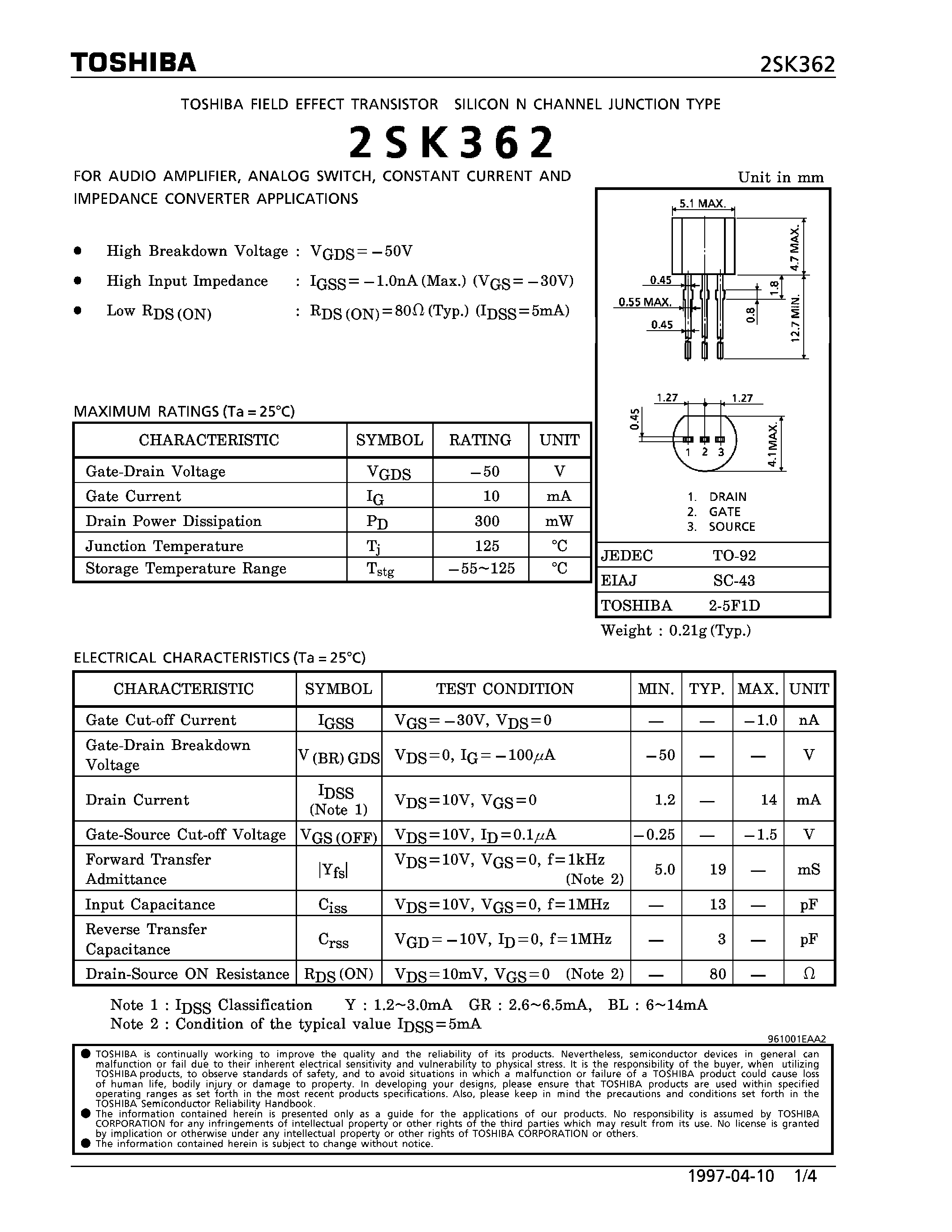 Datasheet 2SK362 - N CHANNEL NUNCTION TYPE (FOR AUDIO AMPLIFIER/ ANALOG SWITCH/ CONSTANT CURRENT AND IMPEDANCE CONVERTER APPLICATIONS) page 1
