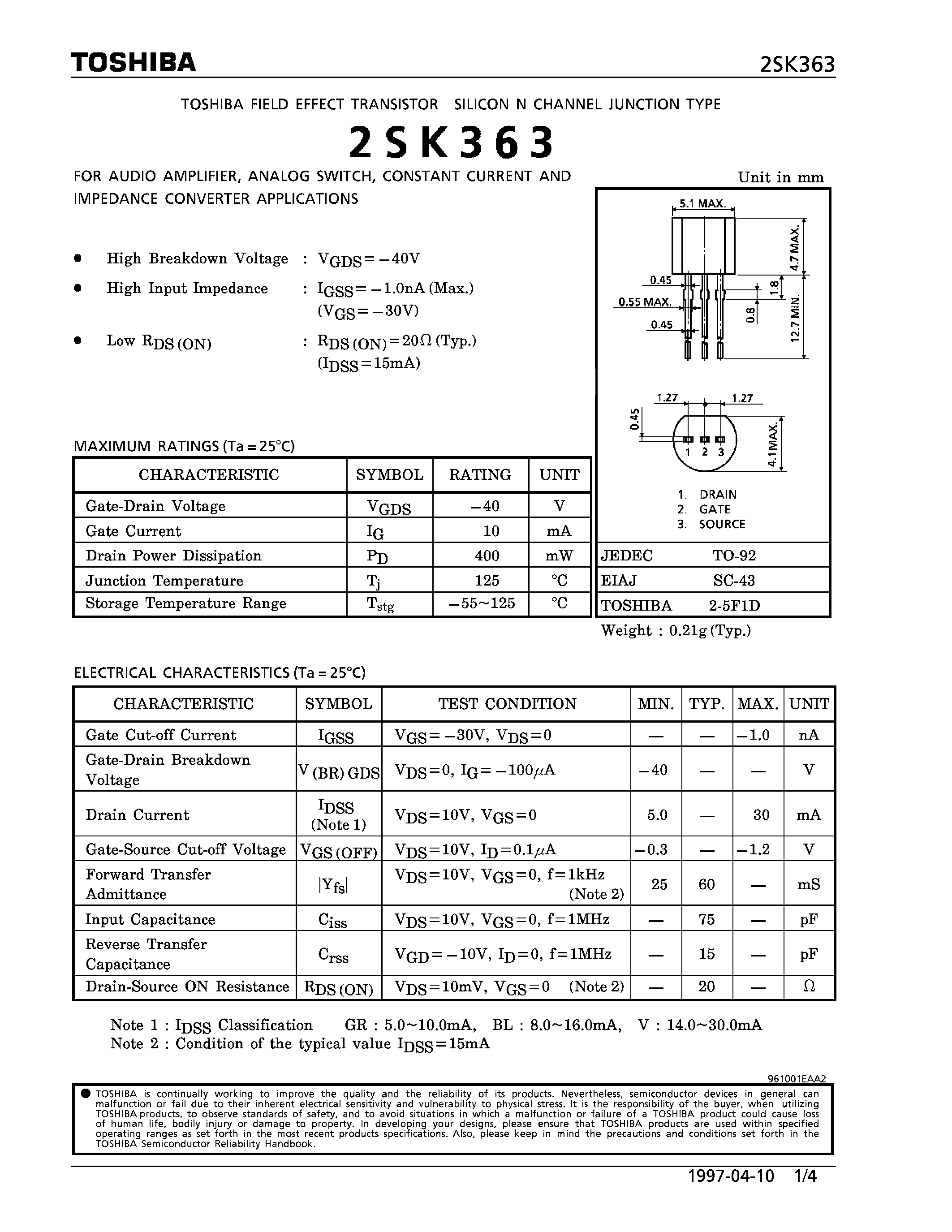 Datasheet 2SK363 - N CHANNEL JUNCTION TYPE (FOR AUDIO AMPLIFIER/ ANALOG SWITCH/ CONSTANT CURRENT AND IMPEDANCE CONVERTER APPLICATIONS) page 1
