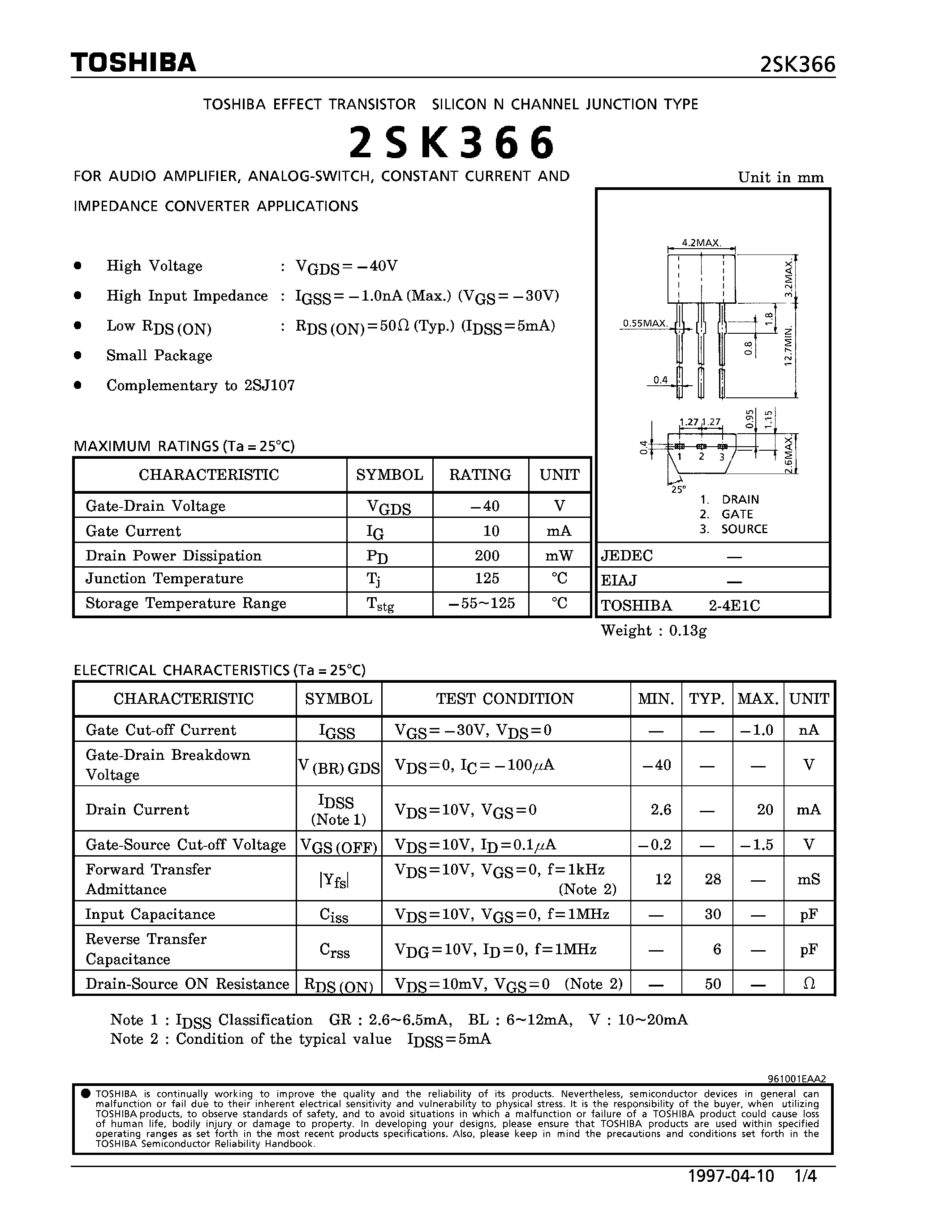 Datasheet 2SK366 - N CHANNEL JUNCTION TYPE (FOR AUDIO AMPLIFIER/ ANALOG SWITCH/ CONSTANT CURRENT AND IMPEDANCE CONVERTER APPLICATIONS) page 1