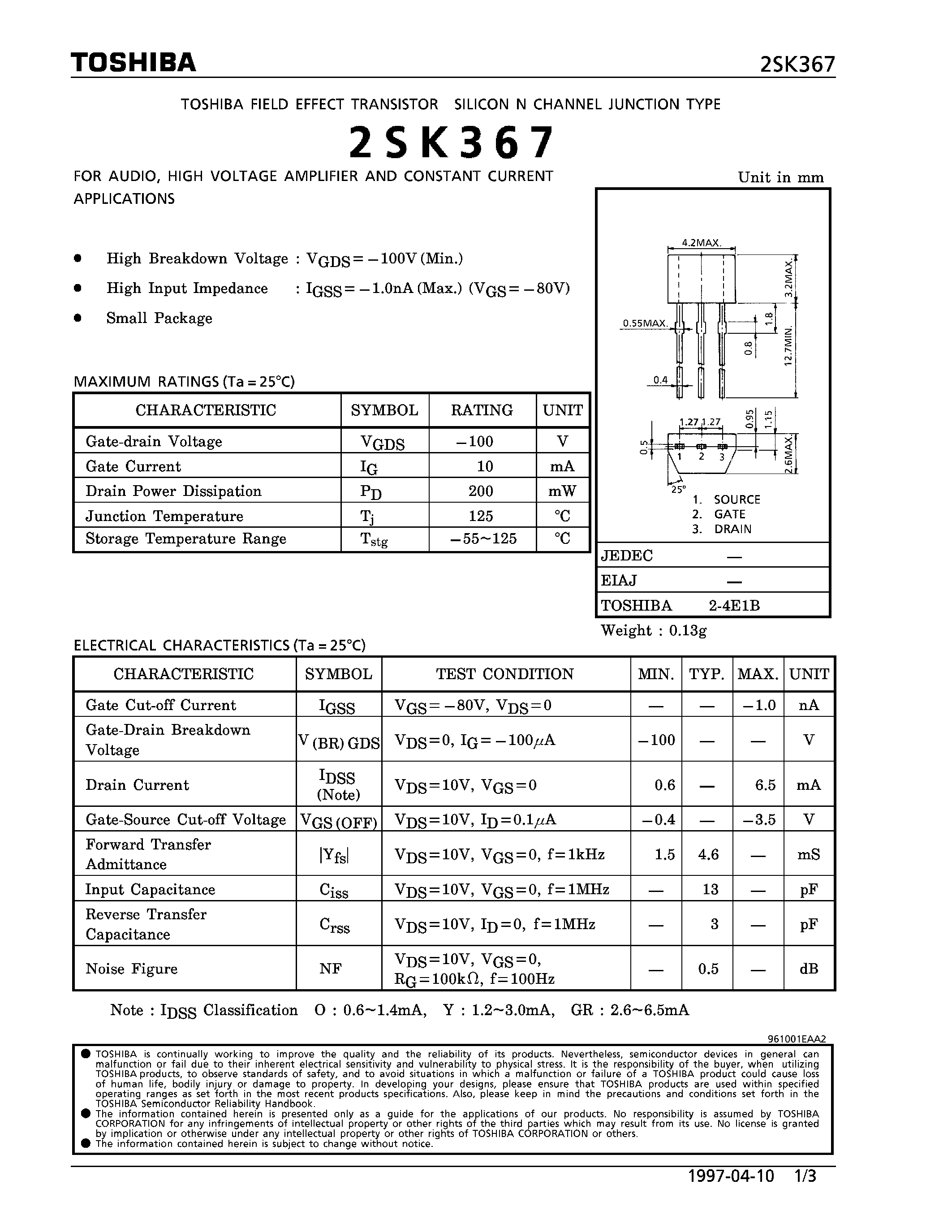 Datasheet 2SK367 - N CHANNEL JUNCTION TYPE FOR AUDIO/ HIGH VOLTAGE AMPLIFIER AND CONSTANT CURRENT APPLICATIONS) page 1