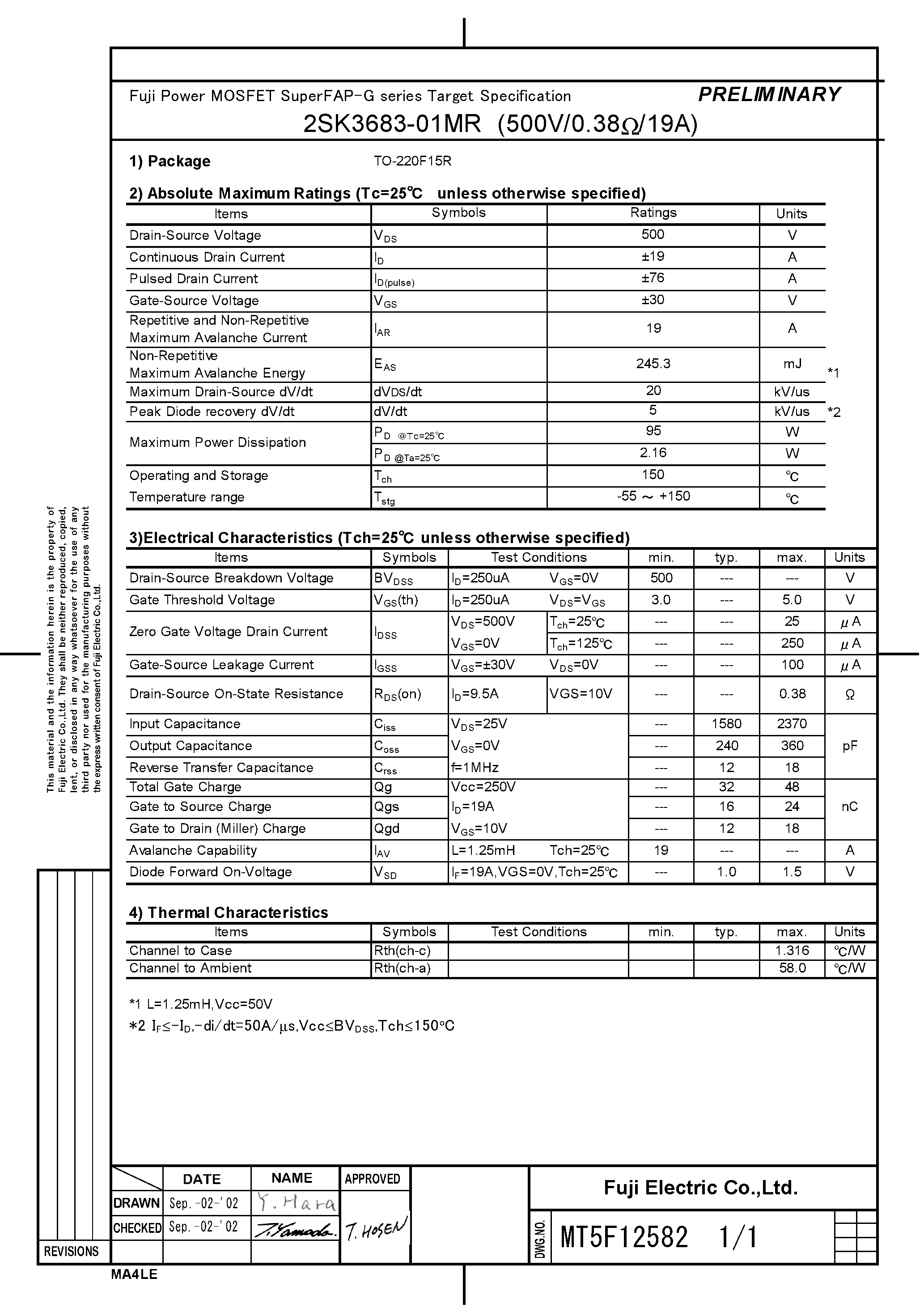 Datasheet 2SK3683-01MR - Fuji Power MOSFET SuperFAP-G series Target Specification page 1
