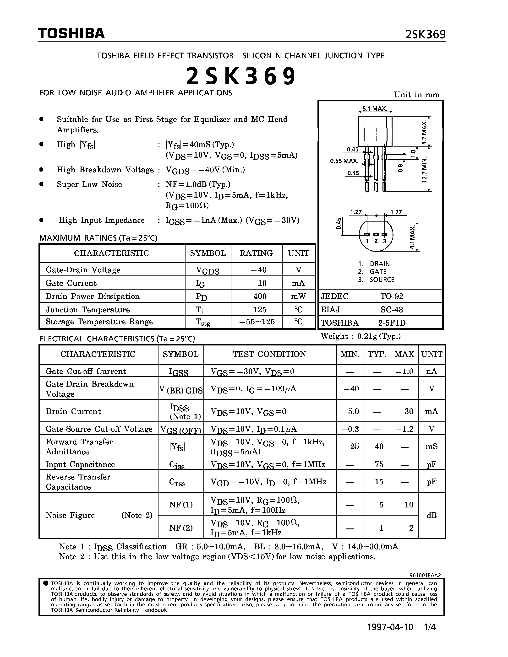Datasheet 2SK369 - N CHANNEL JUNCTION TYPE (FOR LOW NOISE AUDIO AMPLIFIER APPLICATIONS) page 1