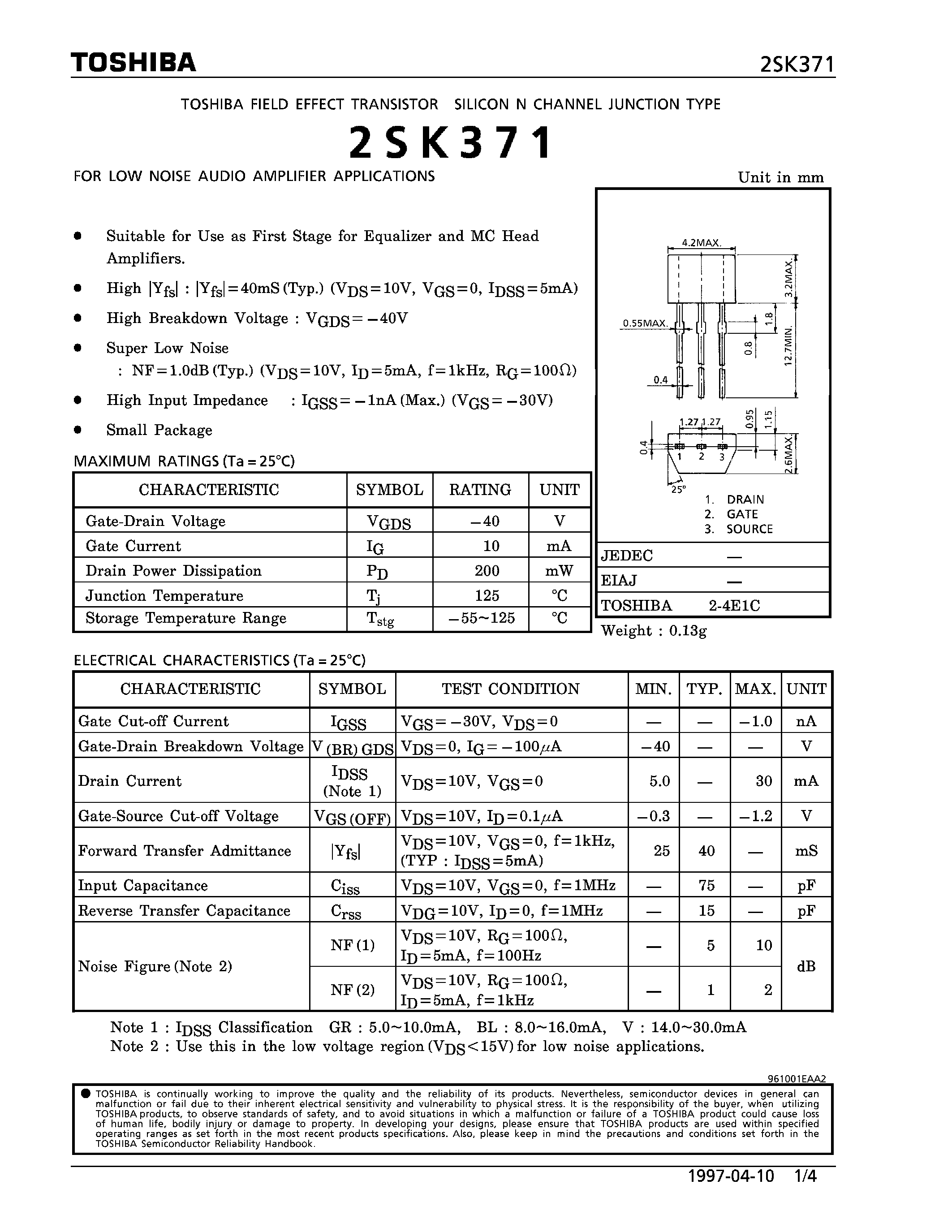 Datasheet 2SK371 - N CHANNEL JUNCTION TYPE (FOR LOW NOISE AUDIO AMPLIFIER APPLICATIONS) page 1