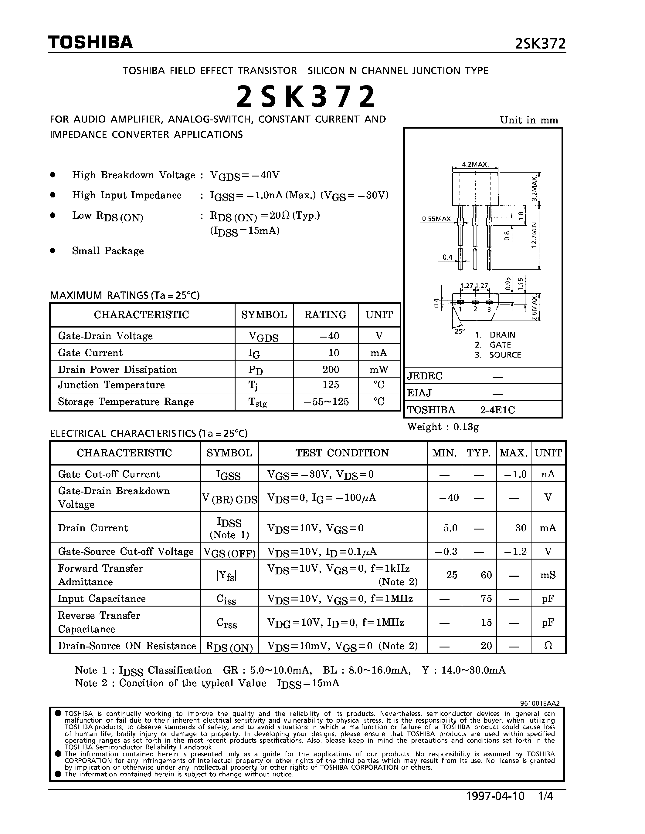 Datasheet 2SK372 - N CHANNEL JUNCTION TYPE (FOR AUDIO AMPLIFIER/ ANALOG SWITCH/ CONSTANT CURRENT AND IMPEDANCE CONVERTER APPLICATIONS) page 1