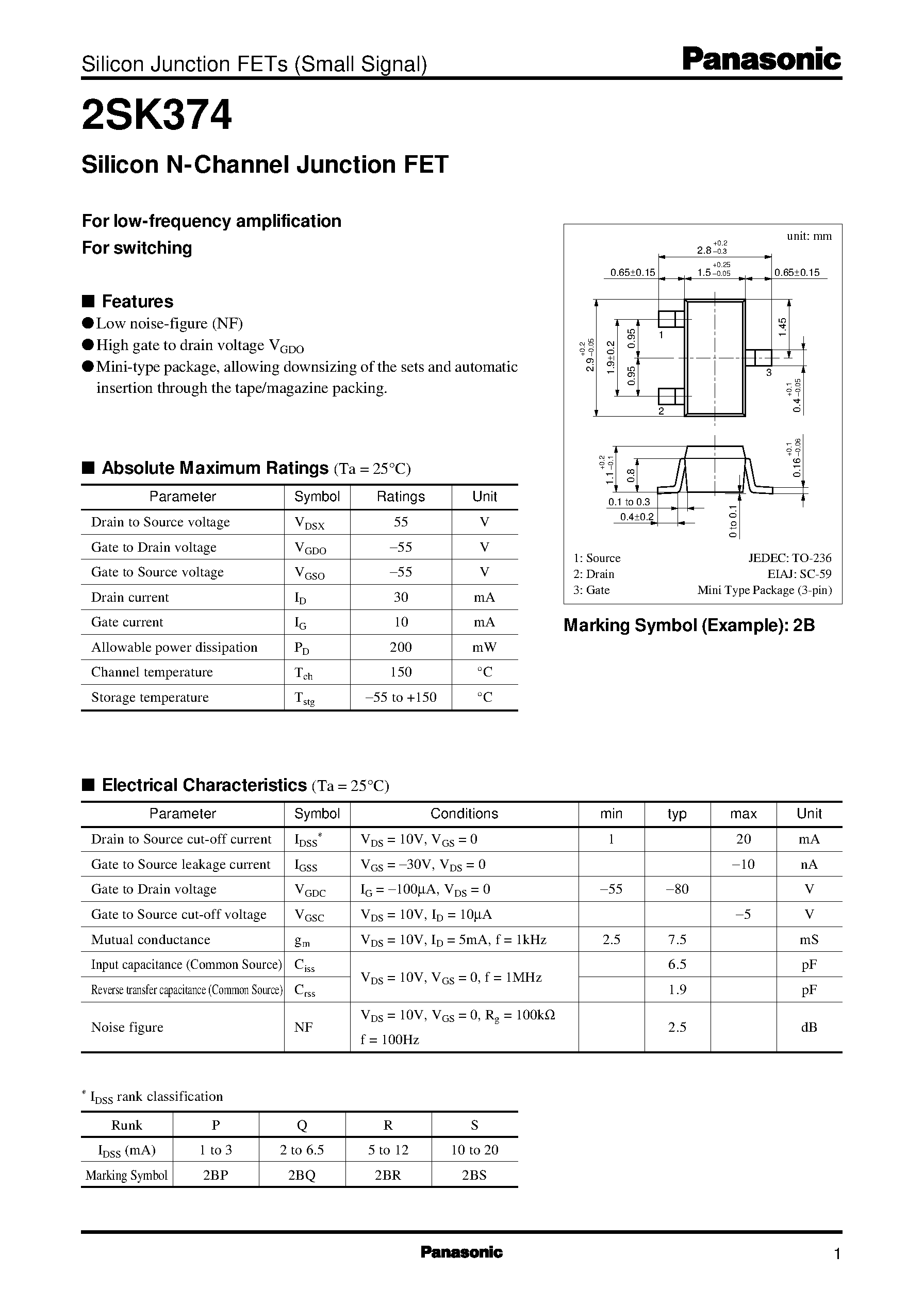 Datasheet 2SK374 - Silicon N-Channel Junction FET page 1