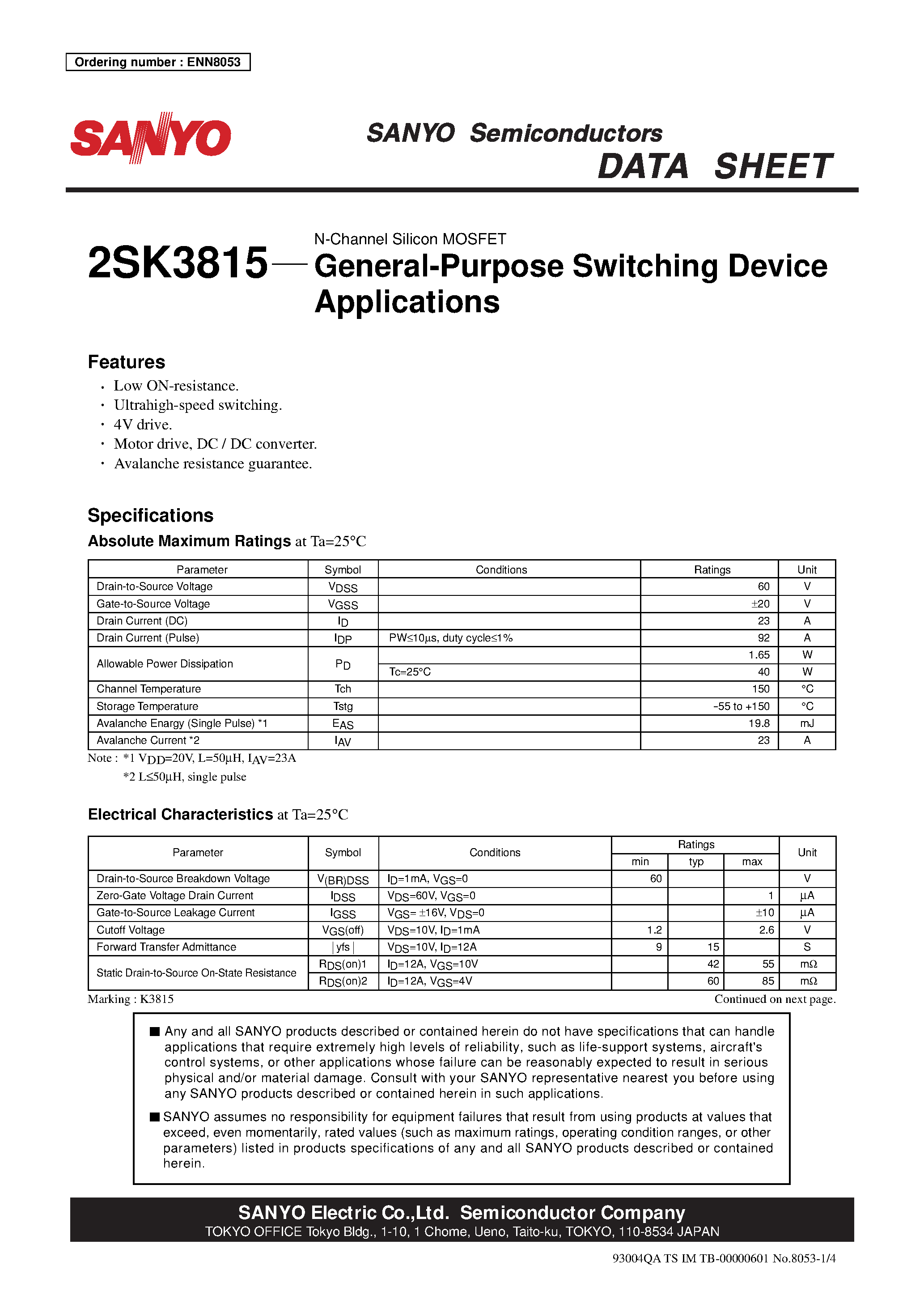 Datasheet 2SK3815 - General-Purpose Switching Device Applications page 1