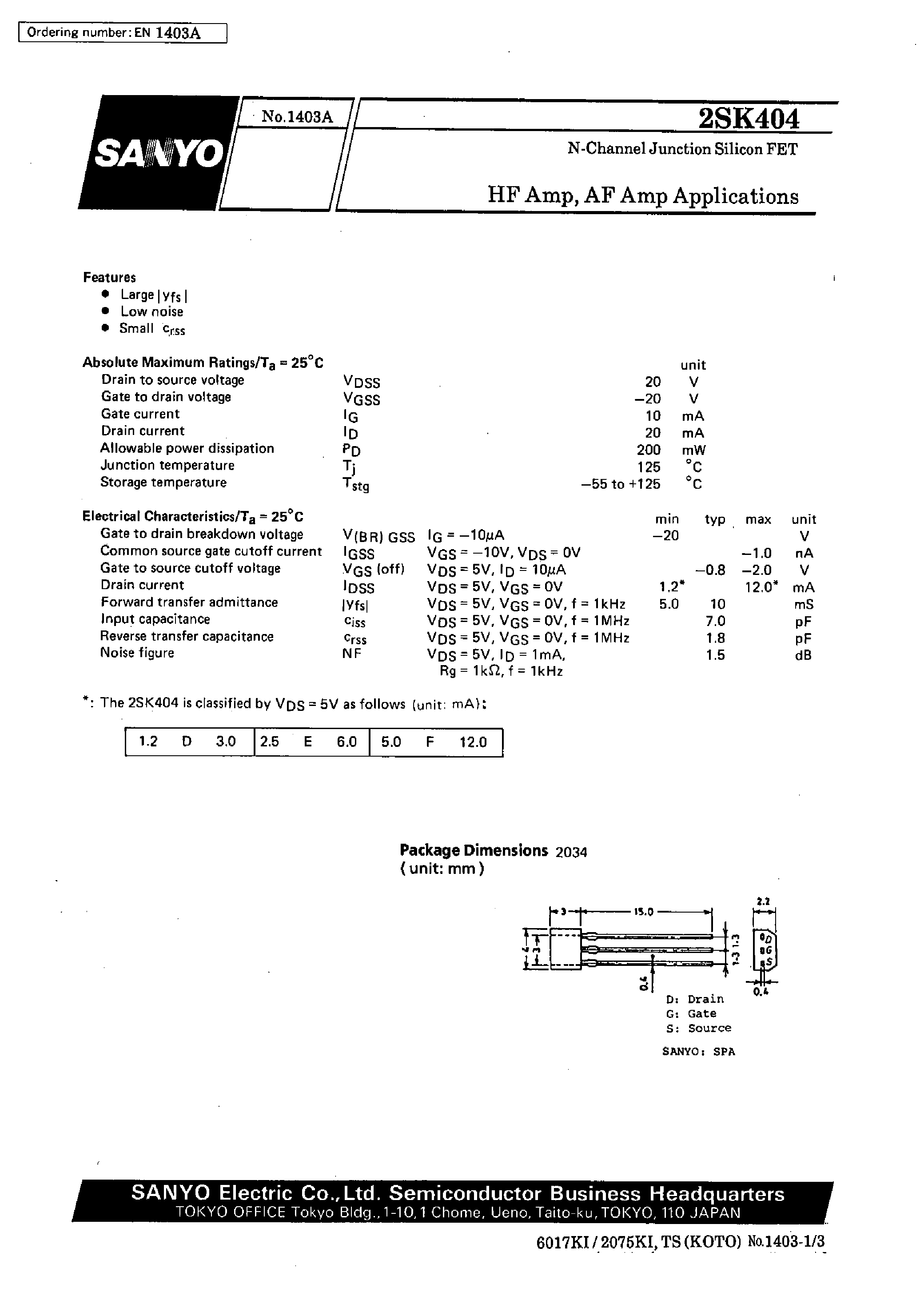 Datasheet 2SK404 - HF Amp/ AF Amp Applications page 1