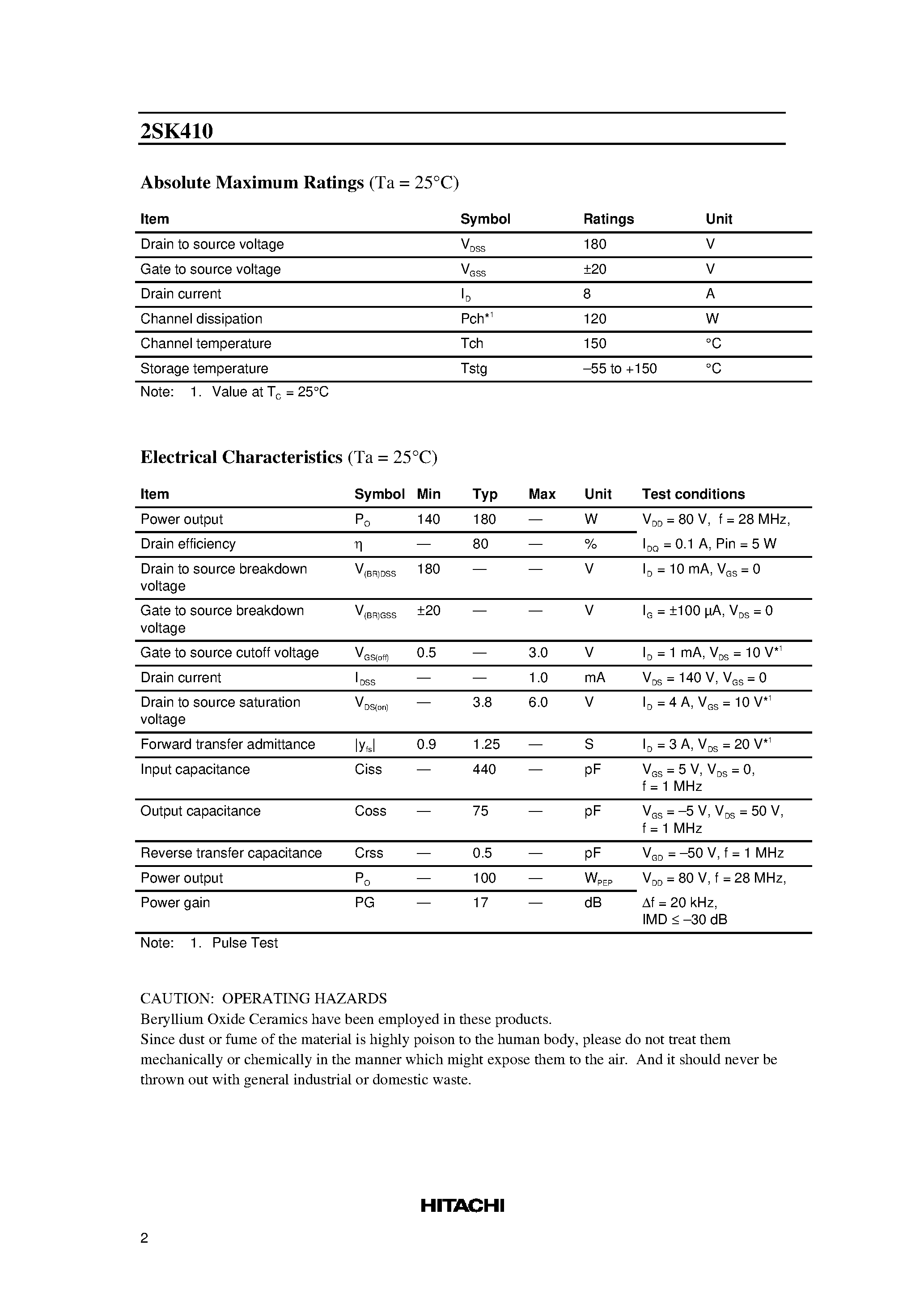 Datasheet 2SK410 - Silicon N-Channel MOS FET (HF/VHF power amplifier) page 2