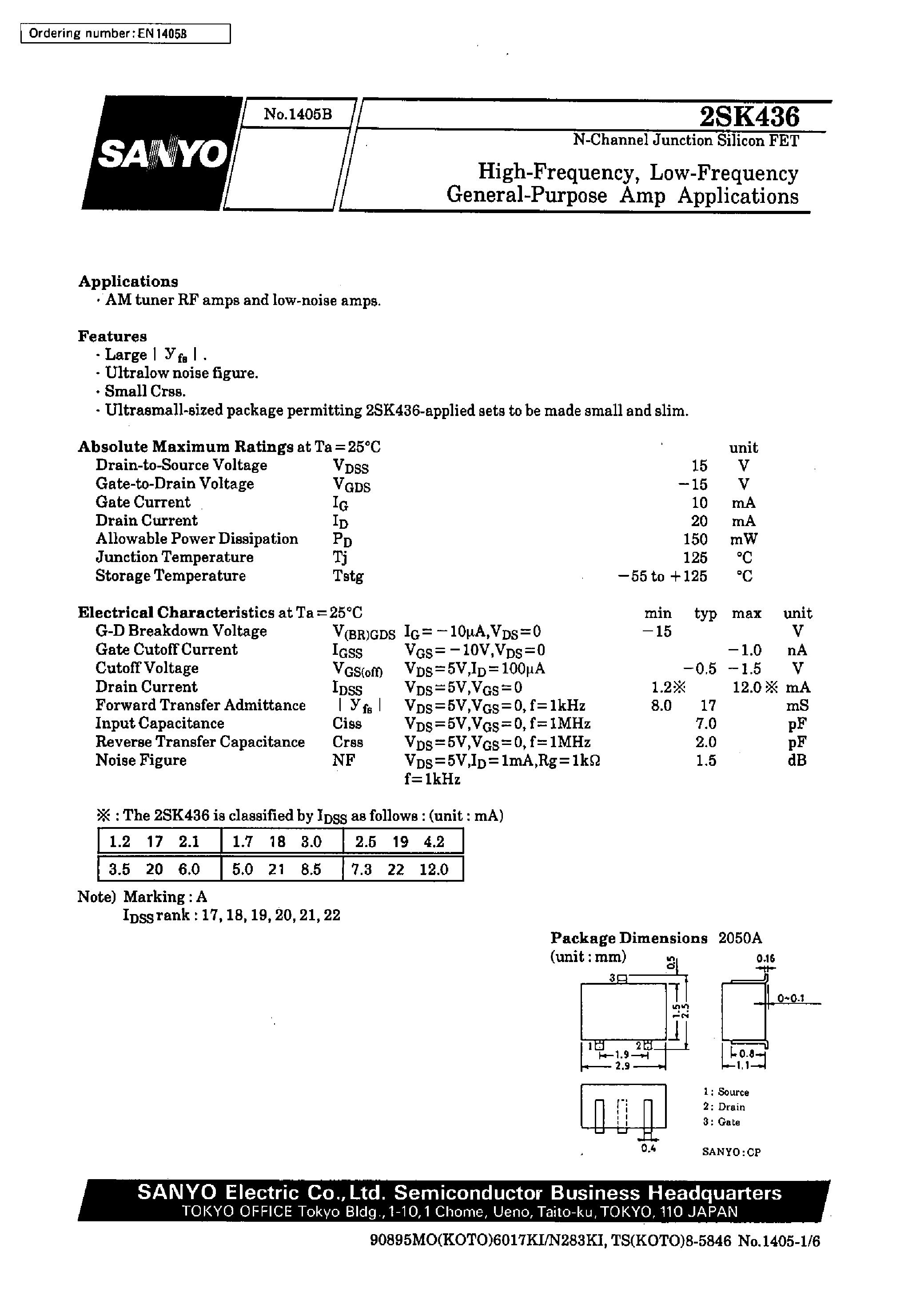 Datasheet 2SK436 - High-Frequency/Low-Frequency General-Purpose Amp Applications page 1