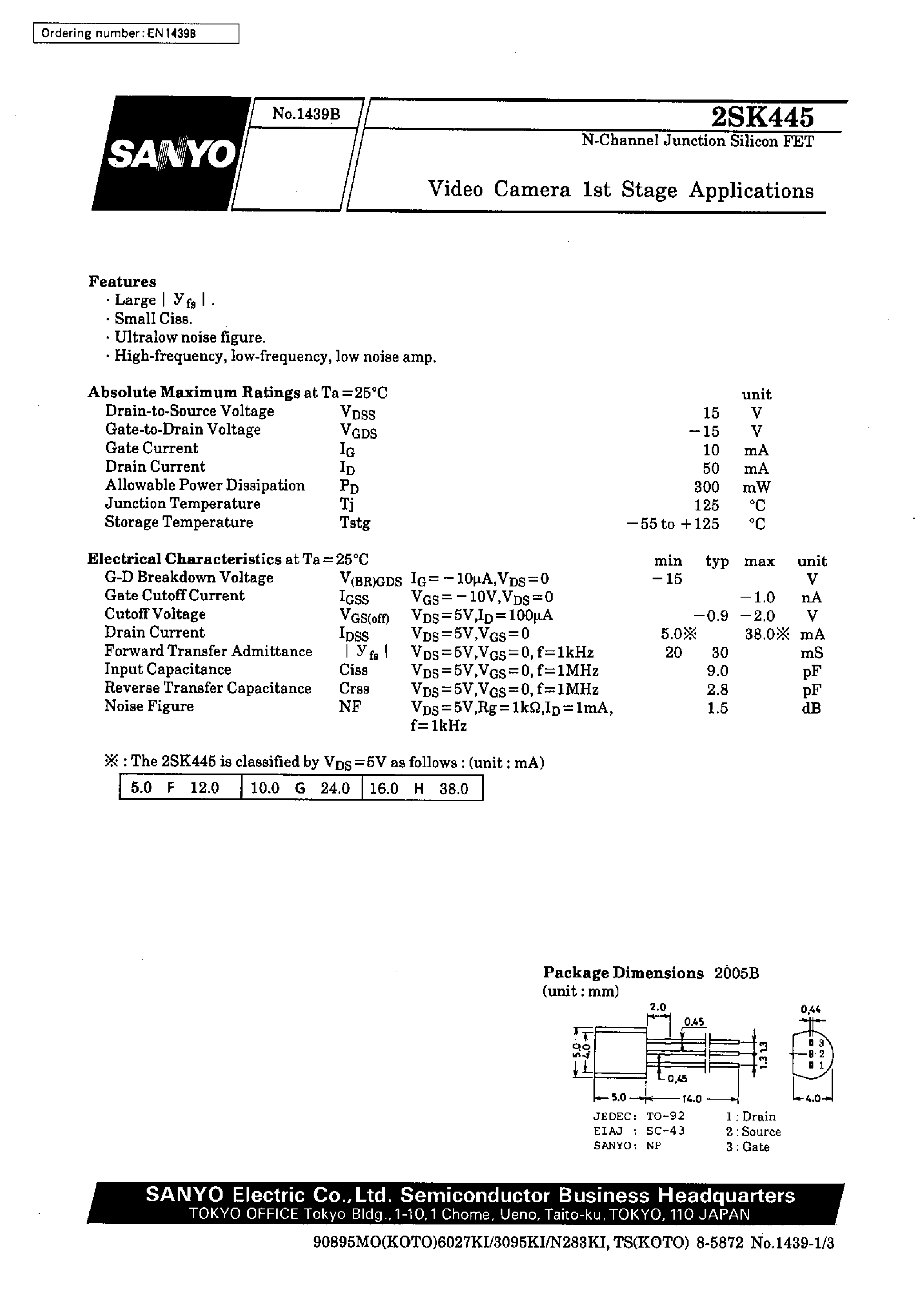 Datasheet 2SK445 - Video Camera 1st Stage Applications page 1