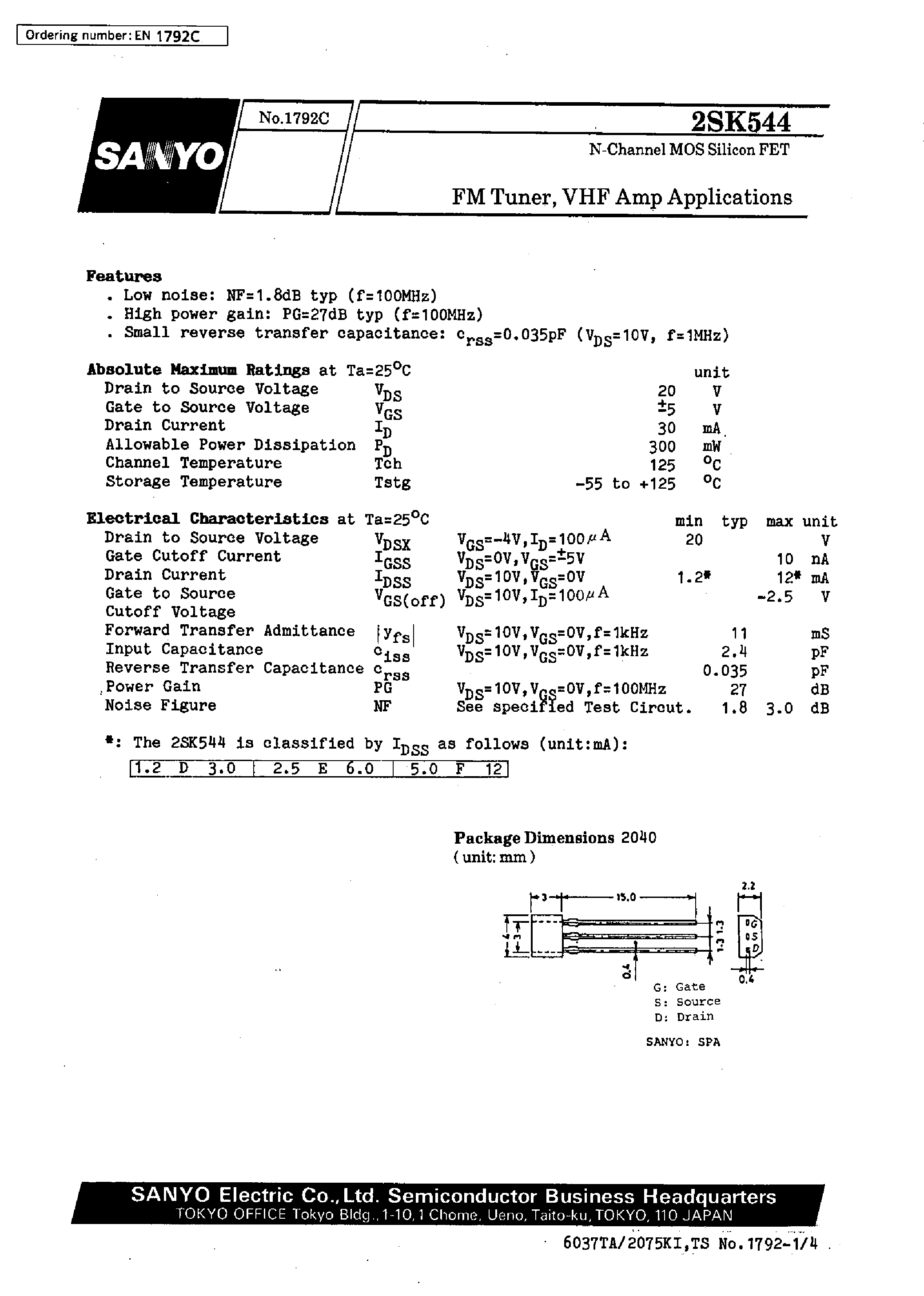 Datasheet 2SK544 - FM Tuner/ VHF Amp Applications page 1