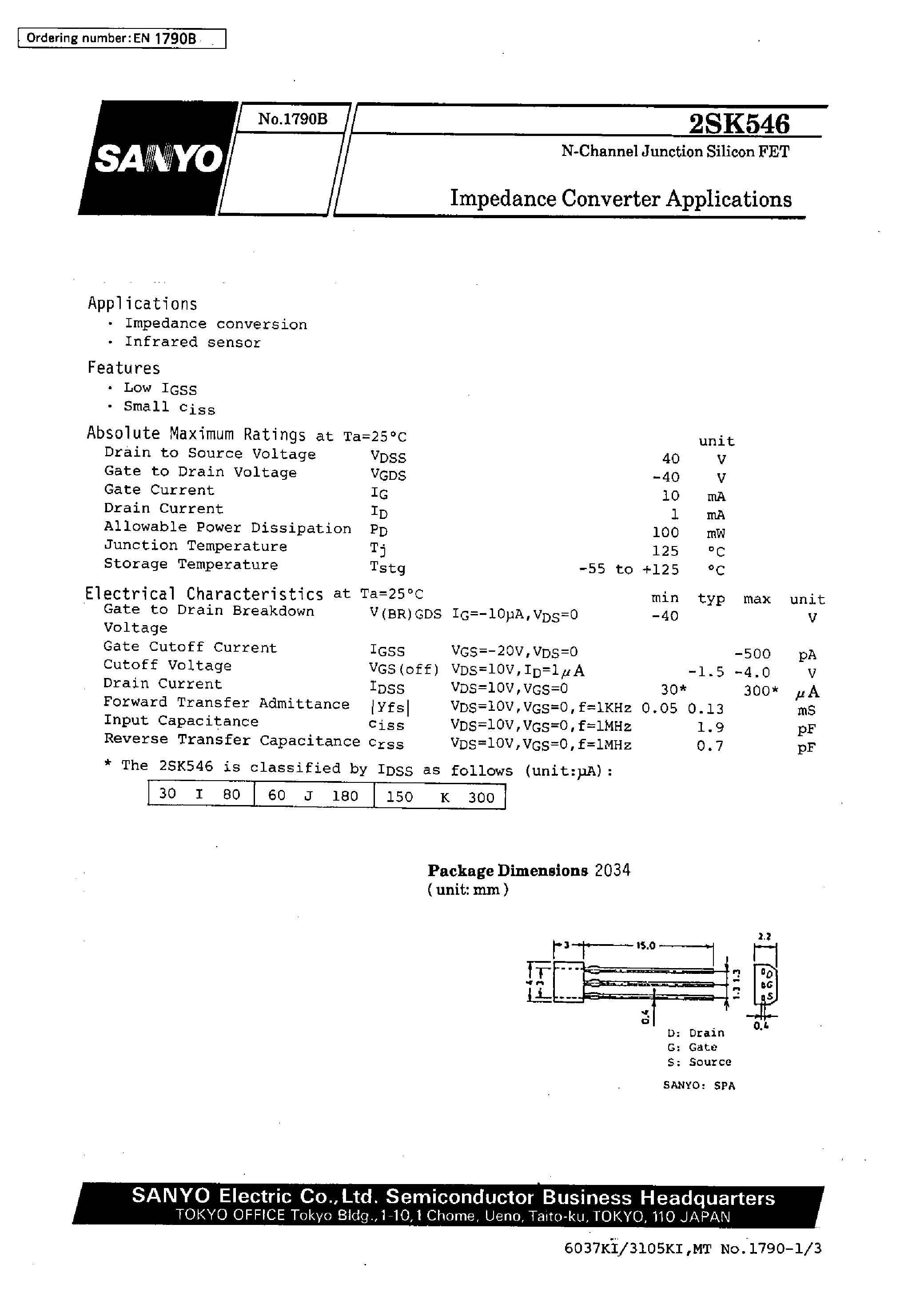 Datasheet 2SK546 - Impedance Converter Applications page 1