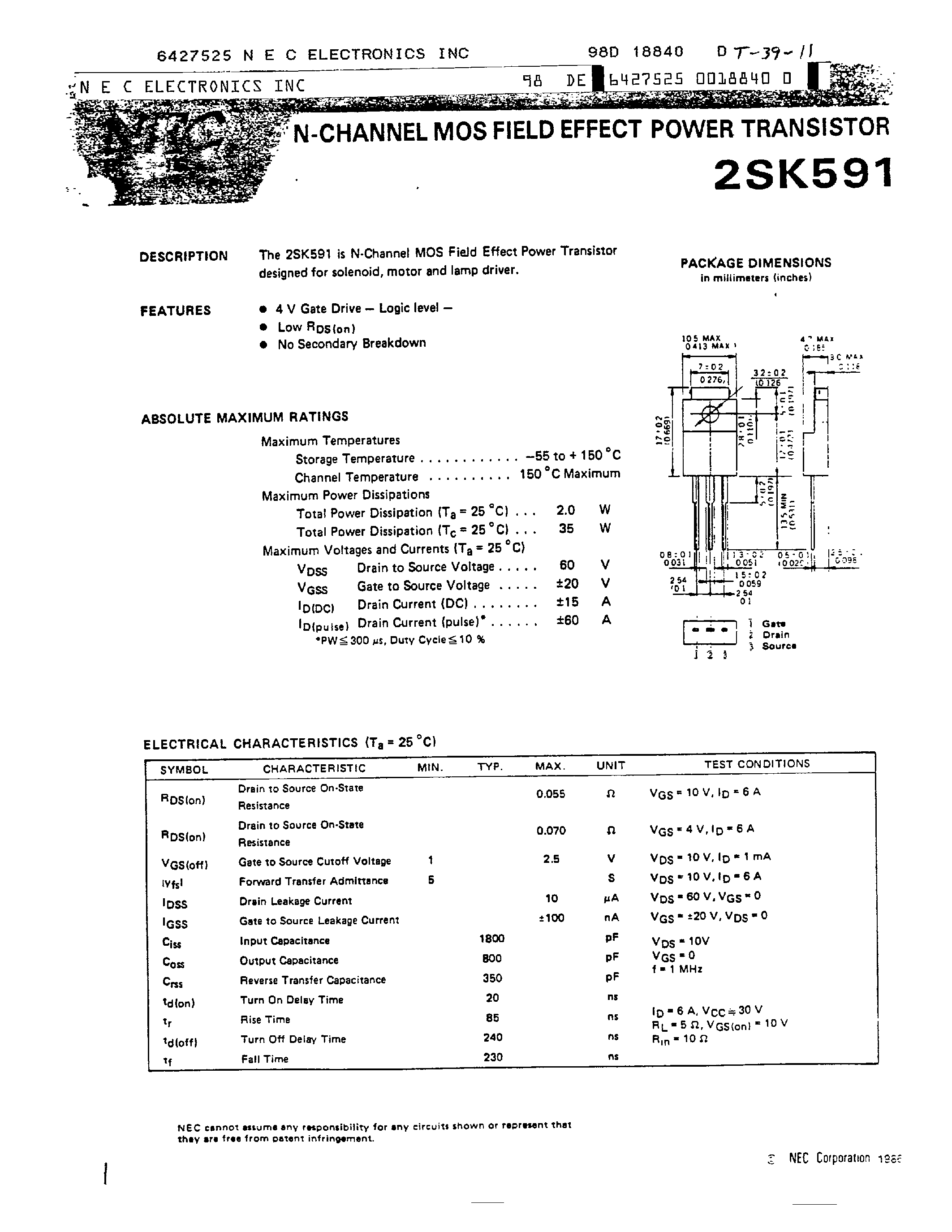 Datasheet 2SK591 - N-CHANNEL MOS FIELD EFFECT POWER TRANSISTOR page 1