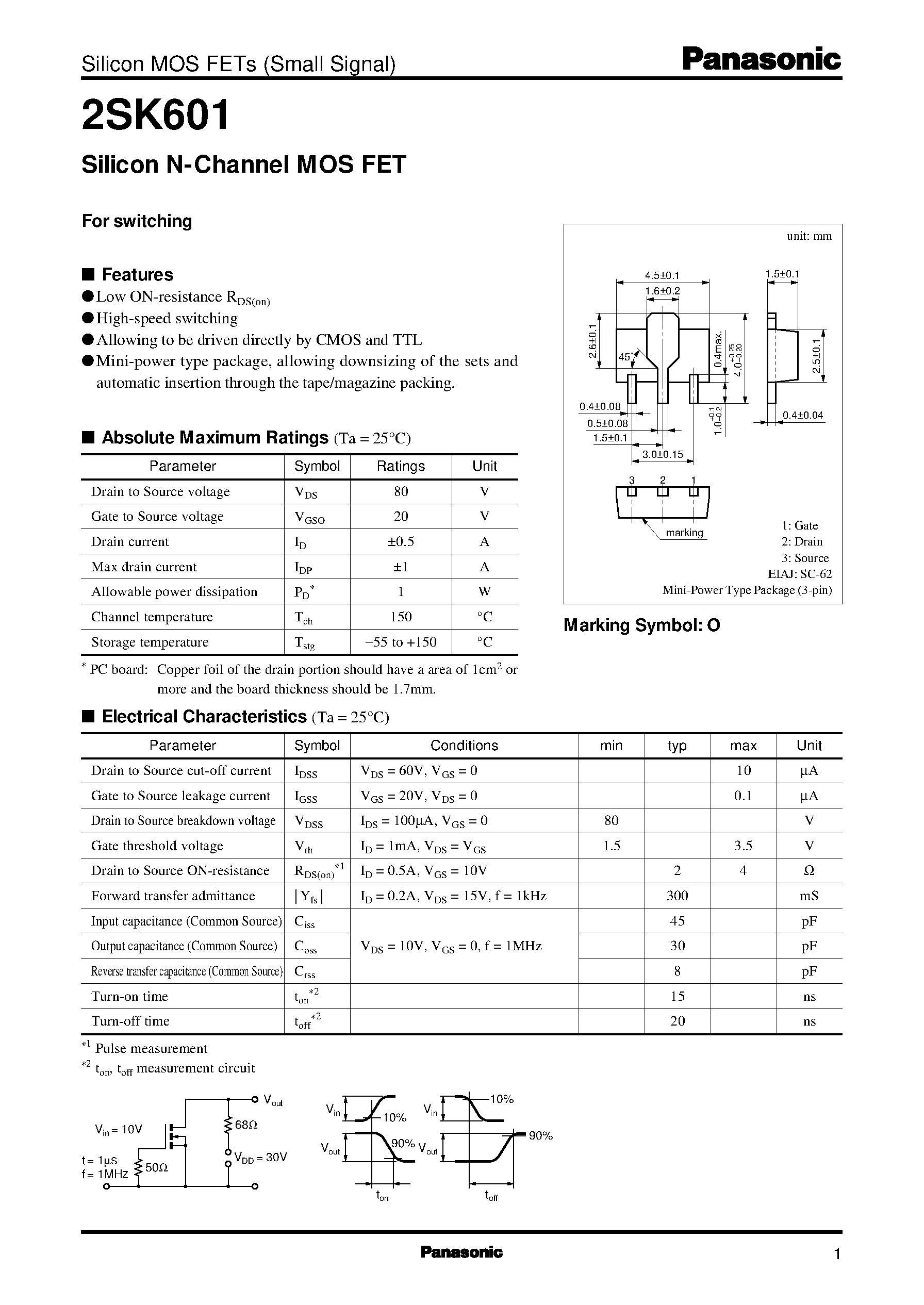 Datasheet 2SK601 - Silicon N-Channel MOS FET page 1
