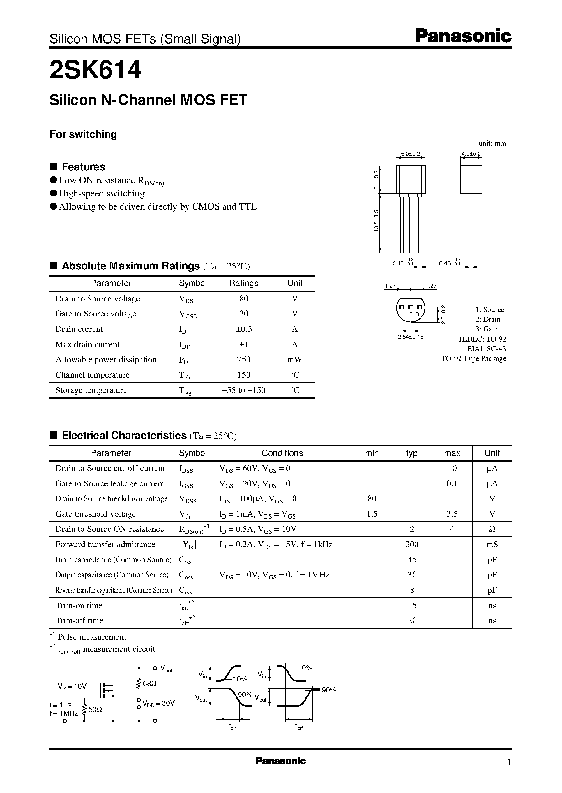 Datasheet 2SK614 - Silicon N-Channel MOS FET page 1