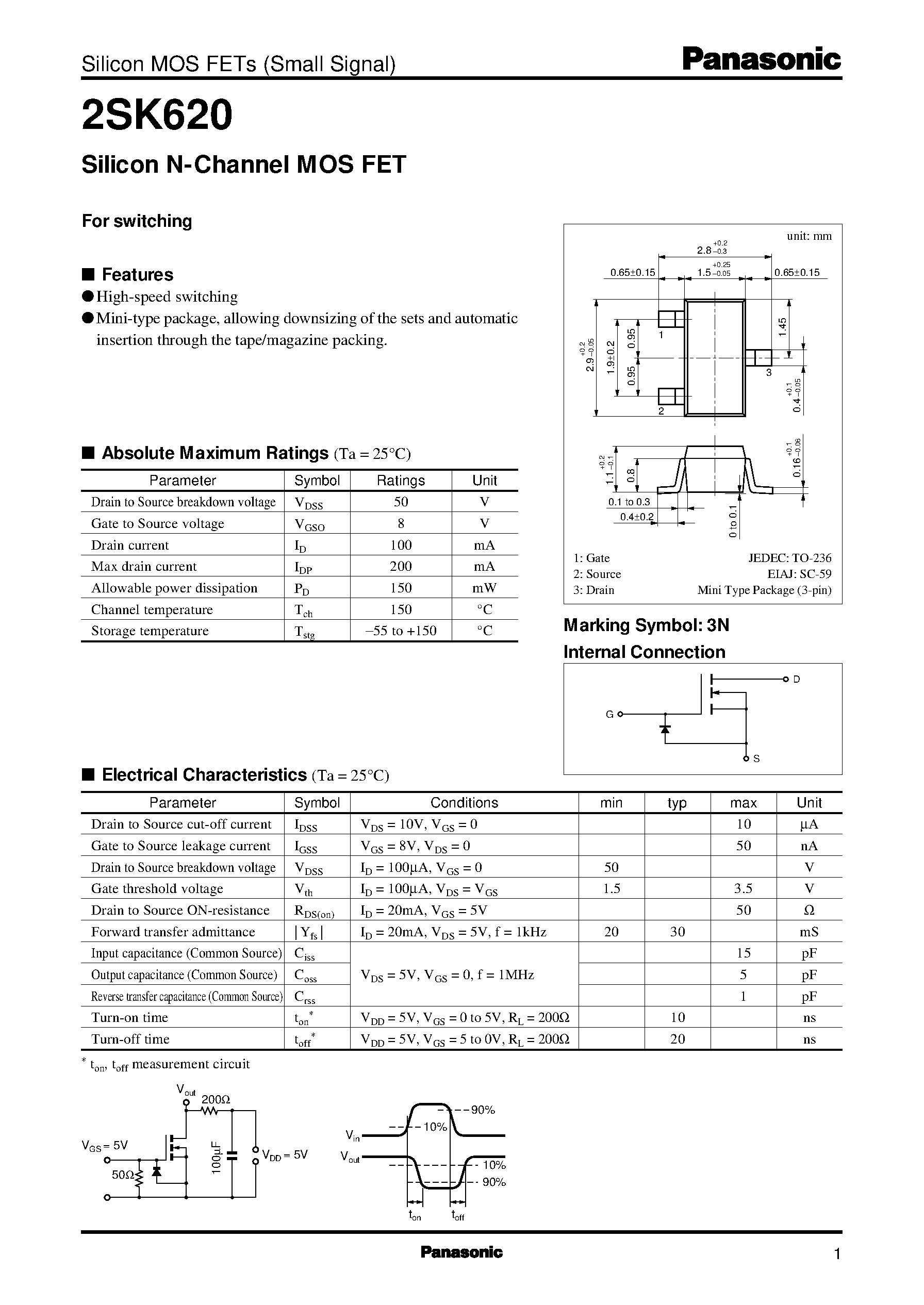 Datasheet 2SK620 - Silicon N-Channel MOS FET page 1