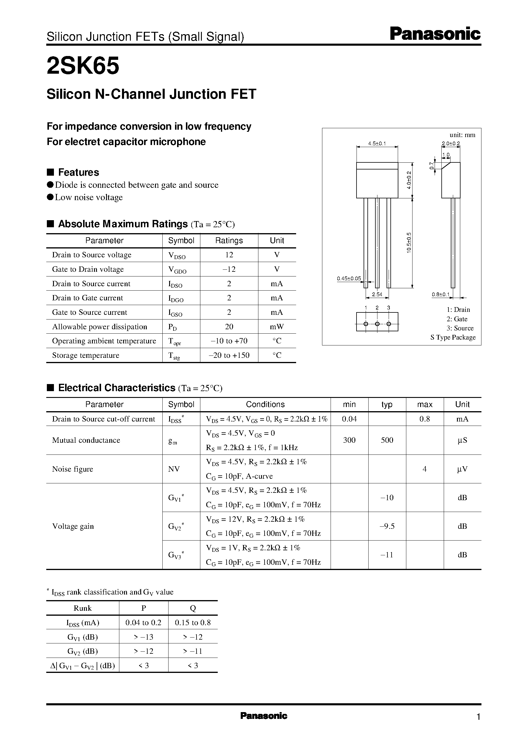 Datasheet 2SK65 - Silicon N-Channel Junction FET page 1