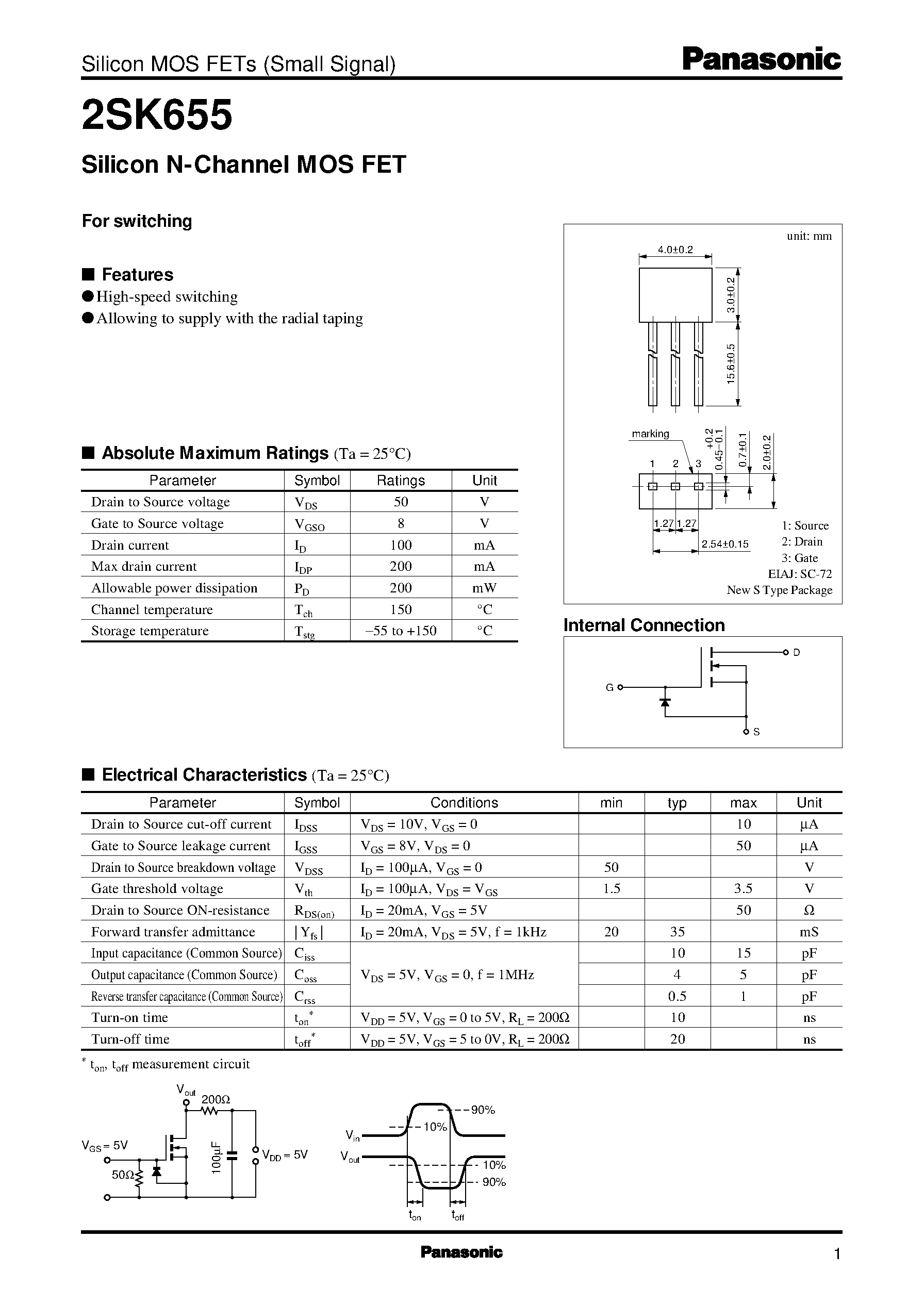 Datasheet 2SK655 - Silicon N-Channel MOS FET page 1
