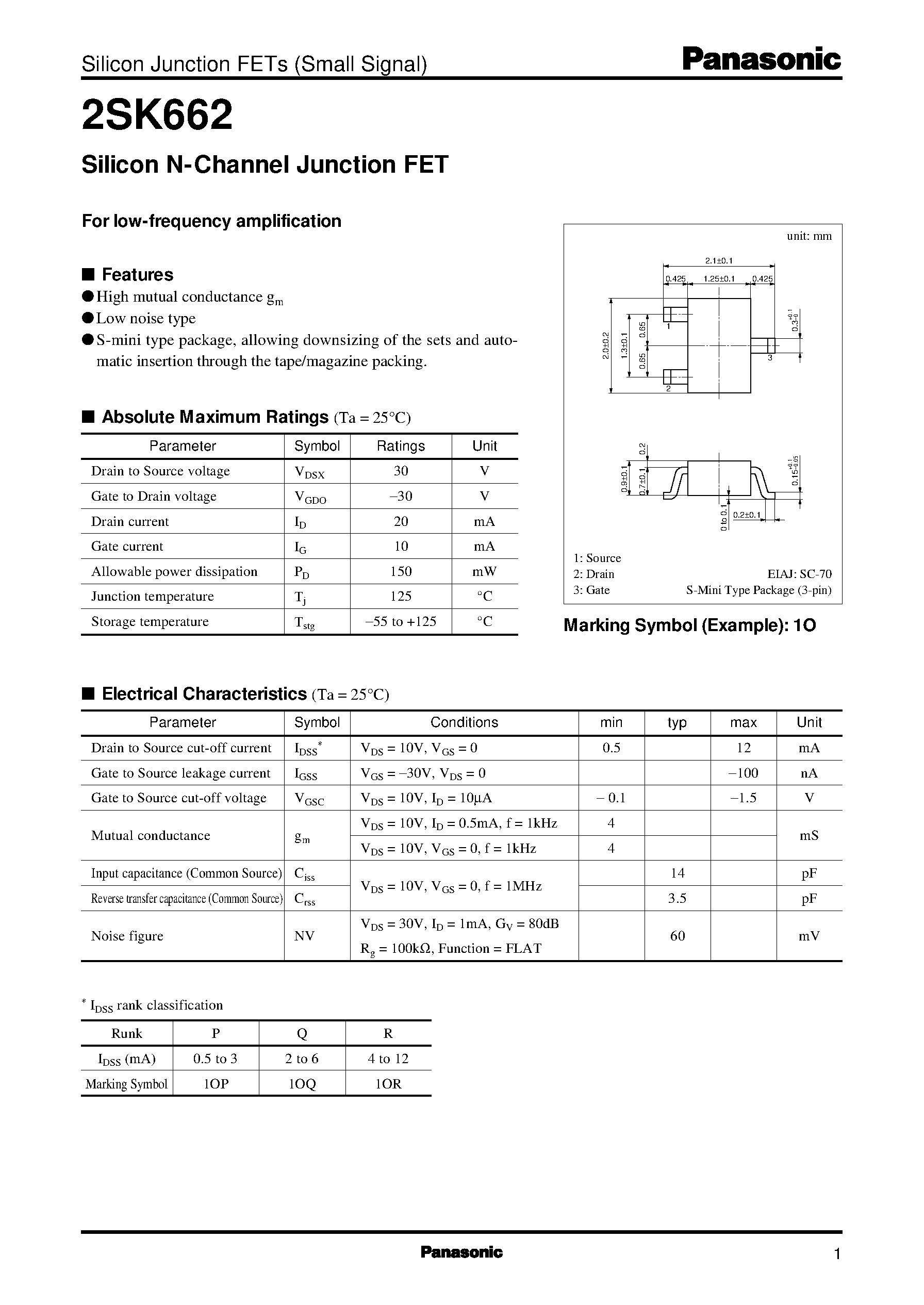 Datasheet 2SK662 page 1 Datasheet 2SK662 - Silicon N-Channel Junction FET page 1
