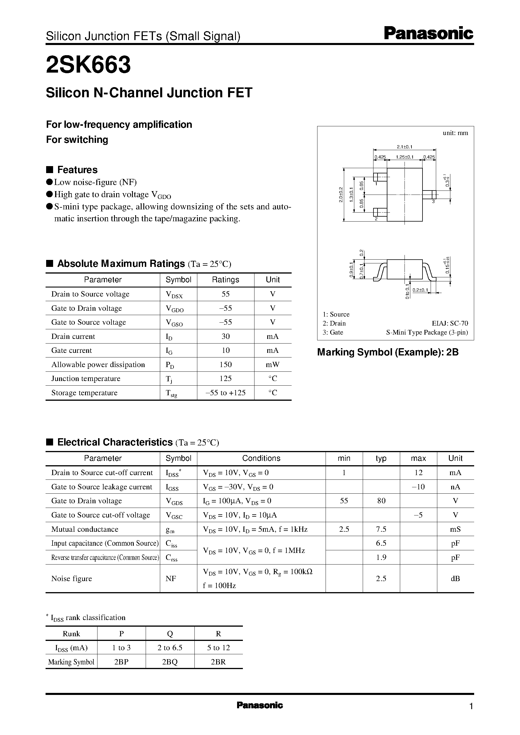Datasheet 2SK663 - Silicon N-Channel Junction FET page 1