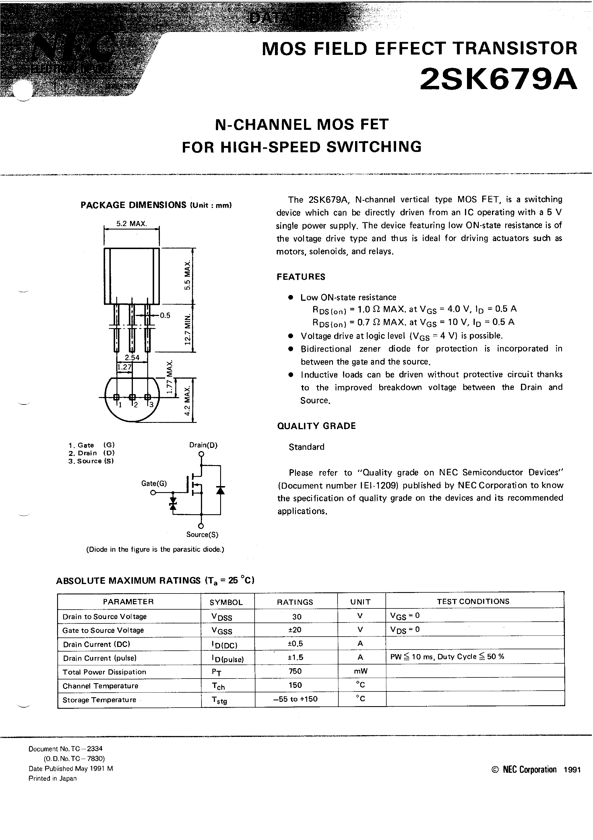 Datasheet 2SK679 - N-CHANNEL MOS FET FOR HIGH-SPEED SWITCHING page 1