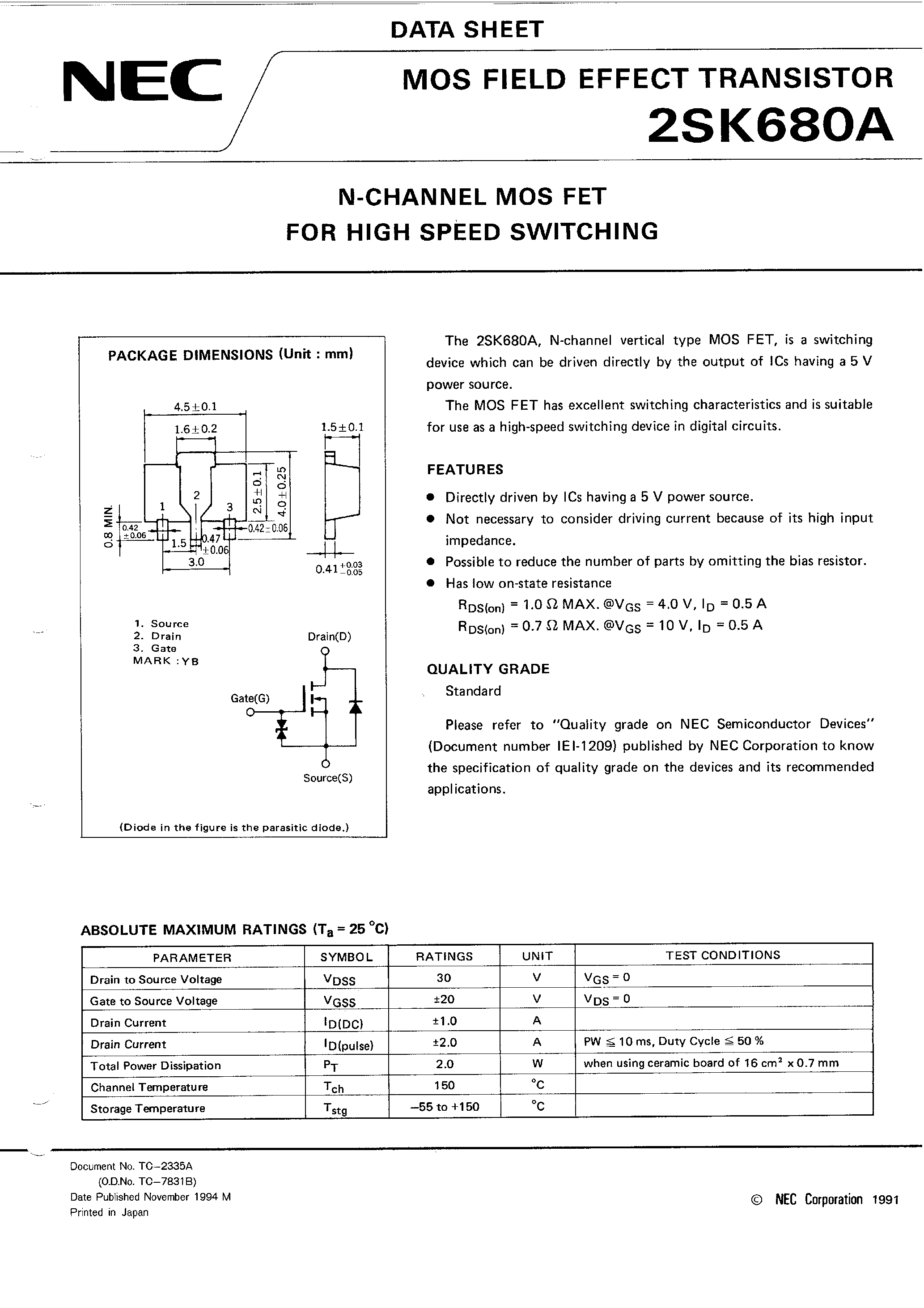 Datasheet 2SK680 - N-CHANNEL MOS FET FOR HIGH SPEED SWITCHING page 1