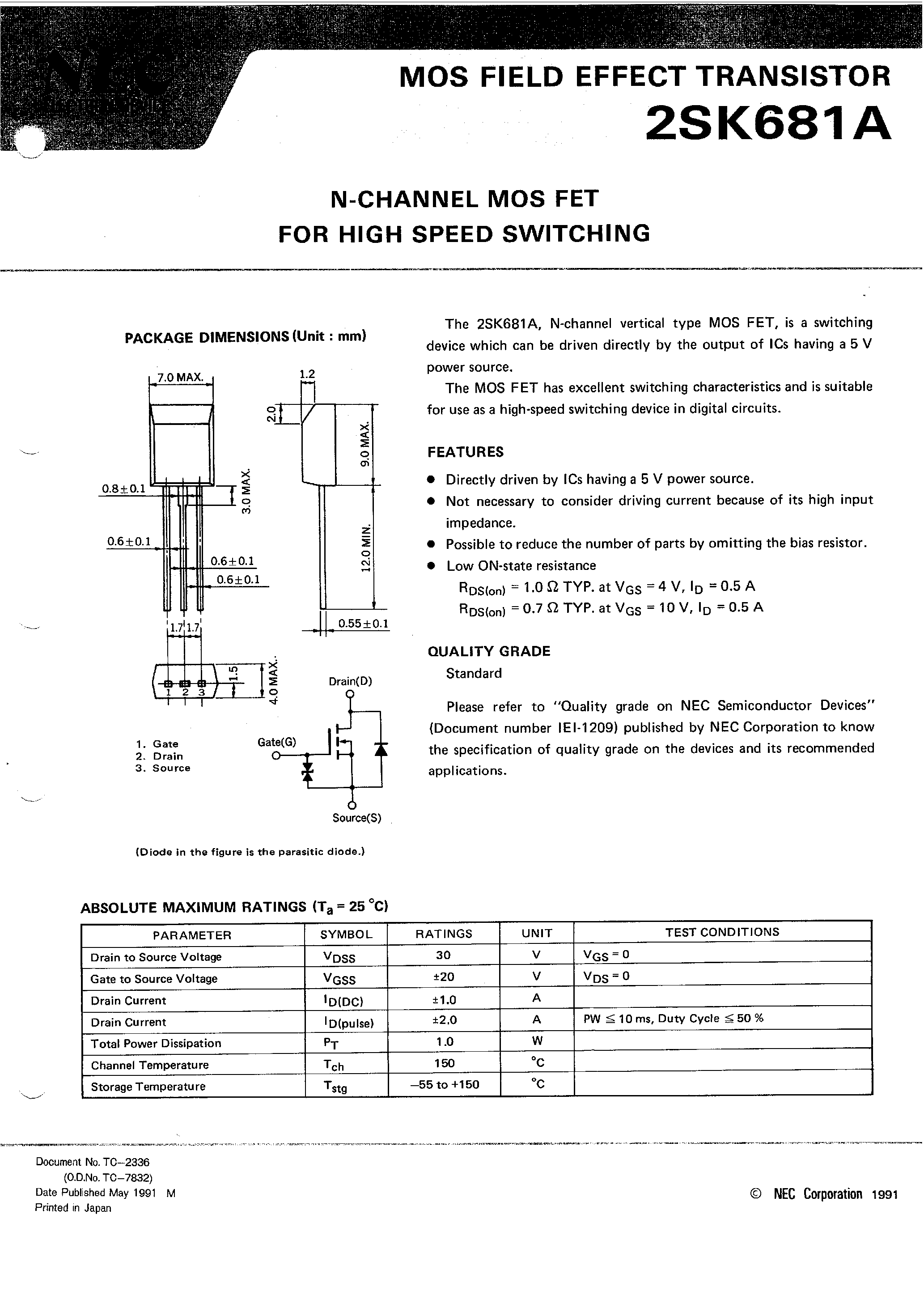 Datasheet 2SK681A - N-CHANNEL MOS FET FOR HIGH SPEED SWITCHING page 1