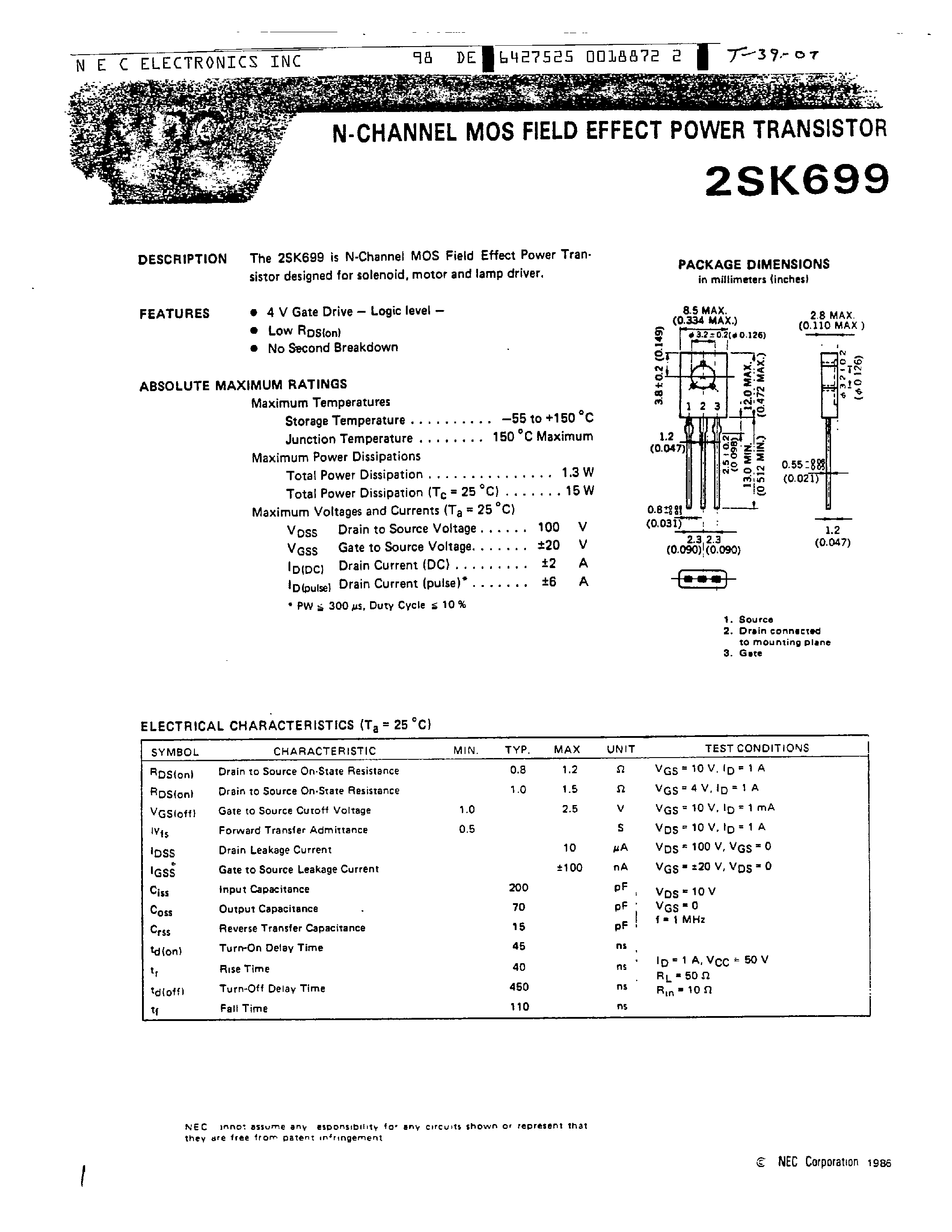 Datasheet 2SK699 page 1 Datasheet 2SK699 - N CHANNEL MOS FIELD EFFECT POWER TRANSISTOR page 1