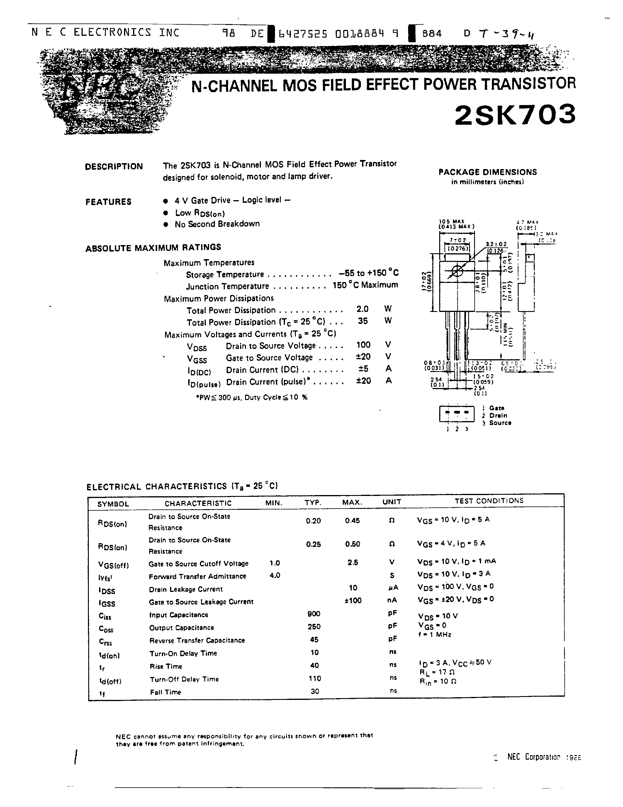 Datasheet 2SK703 page 1 Datasheet 2SK703 - N CHANNEL MOS FIELD EFFECT POWER TRANSISTOR page 1